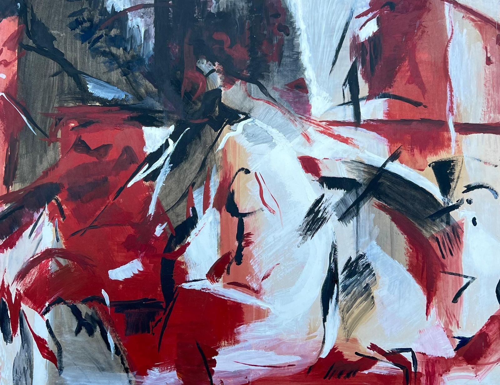 Marie Deloume (French Born 1942)huge French 20th Century Black Red & White Bold Abstract Expression Painting1982 photo Art