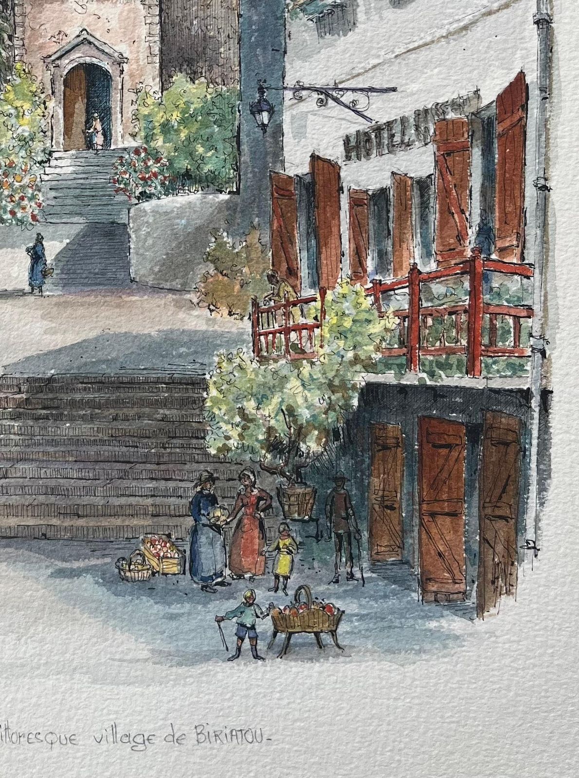 Robert Lepine (1929   2017)french Watercolor Painting Of The Picturesque Village Of Biriatou20th Century photo for sale