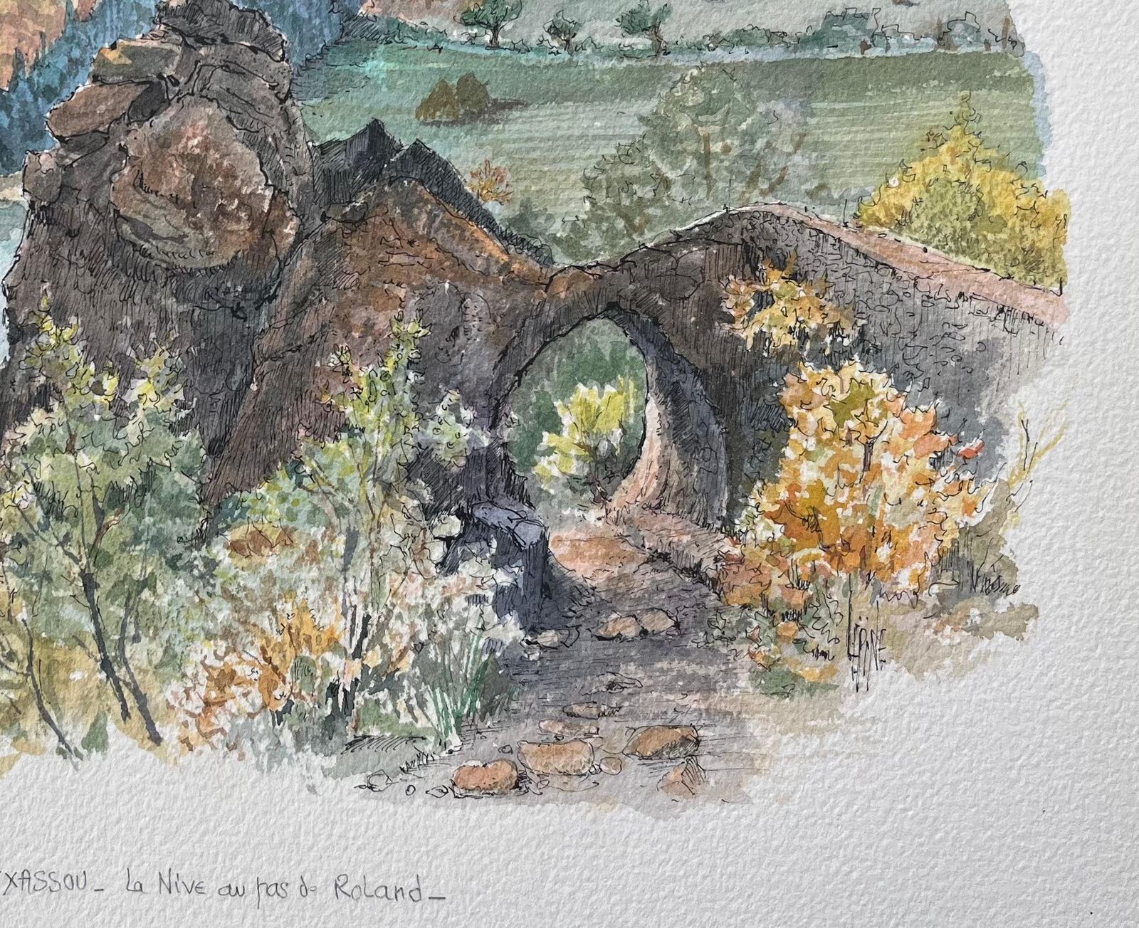 Robert Lepine (1929   2017)french Watercolor Painting Of The Nive River And Roland’s Pass In Itxassou20th Century photo Art
