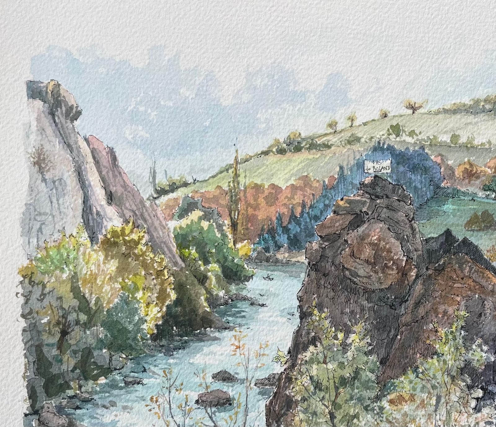 Robert Lepine (1929   2017)french Watercolor Painting Of The Nive River And Roland’s Pass In Itxassou20th Century photo 377.0
