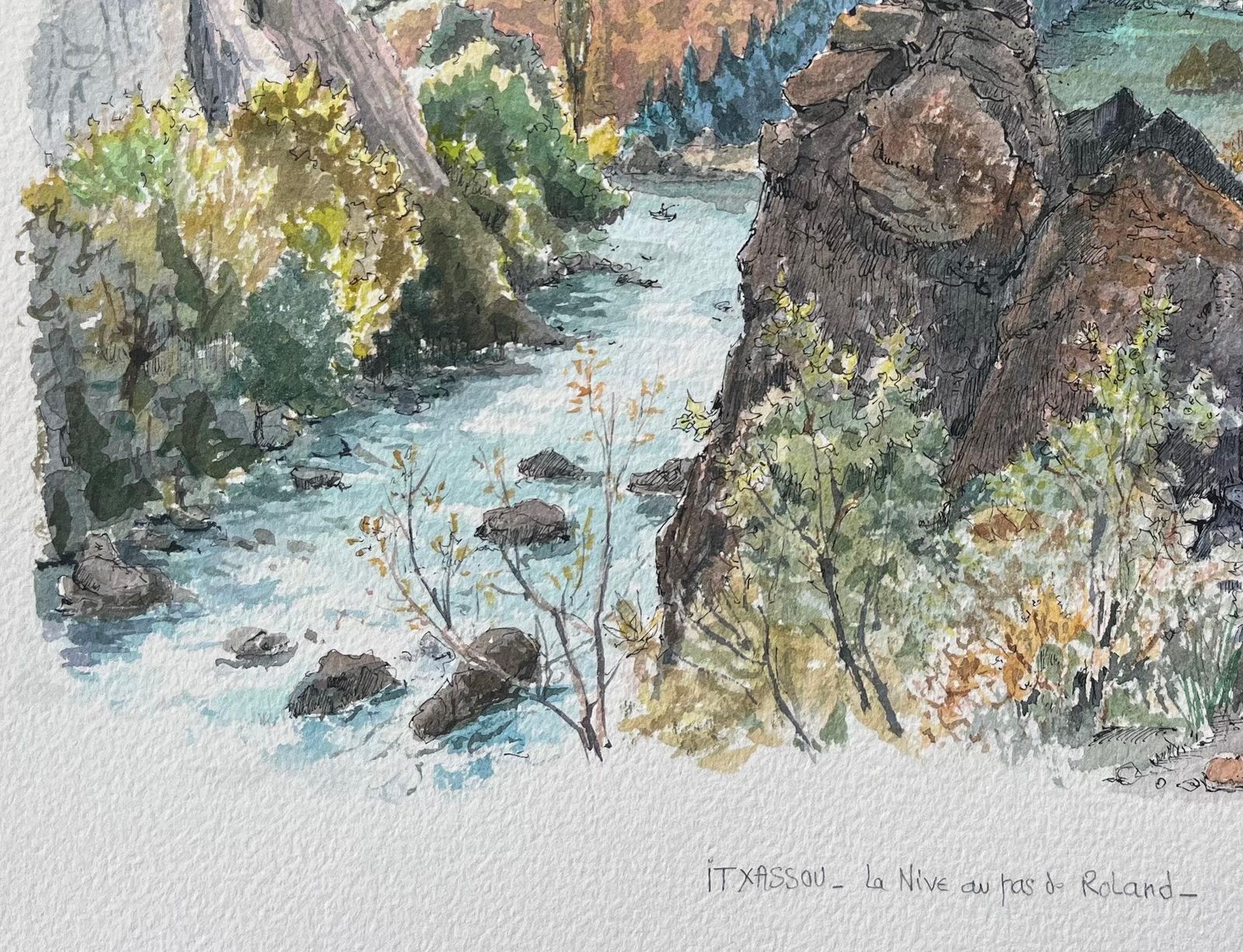 Robert Lepine (1929   2017)french Watercolor Painting Of The Nive River And Roland’s Pass In Itxassou20th Century photo vinterior