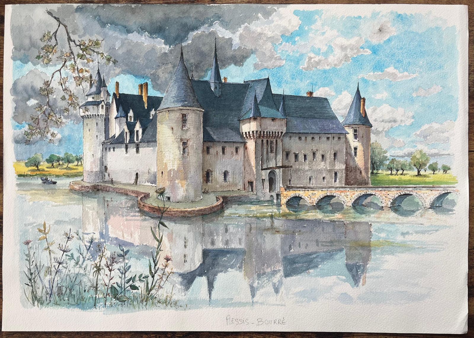 Robert Lepine (1929   2017)french Watercolor Of "Château De Plessis Bourré" Reflected On Tranquil Waters20th Century photo furniture