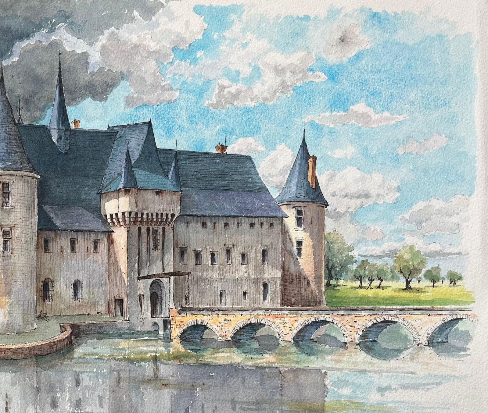Robert Lepine (1929   2017)french Watercolor Of "Château De Plessis Bourré" Reflected On Tranquil Waters20th Century photo Art