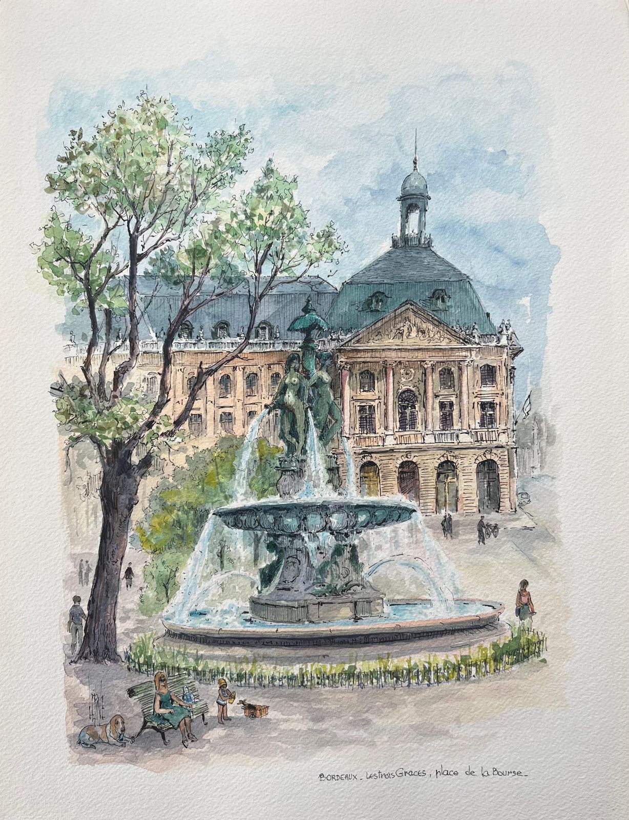 Robert Lepine (1929   2017)french Watercolor Of "Les Trois Grâces, Place De La Bourse, Bordeaux20th Century