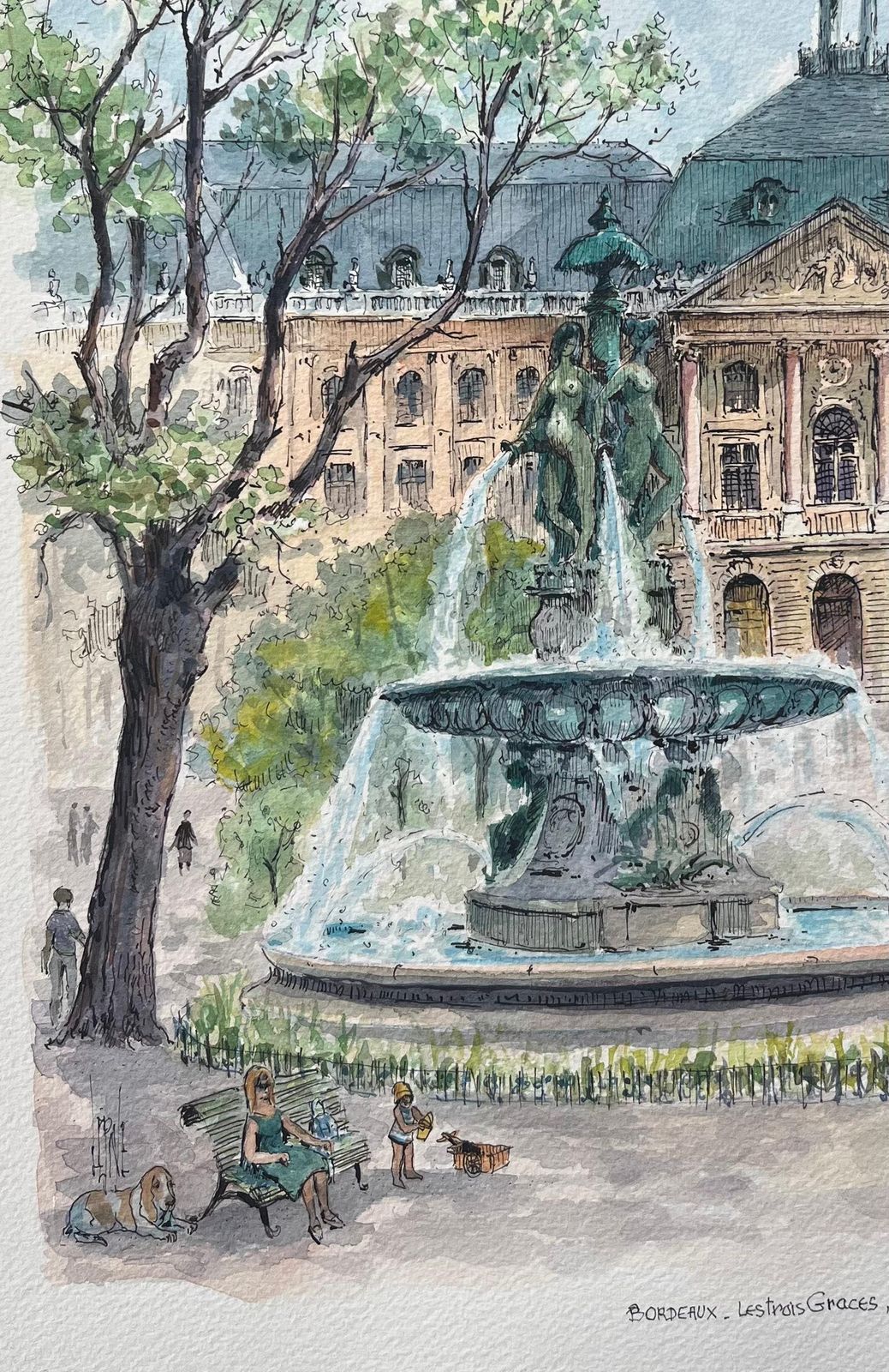 Robert Lepine (1929   2017)french Watercolor Of "Les Trois Grâces, Place De La Bourse, Bordeaux20th Century photo 453.0