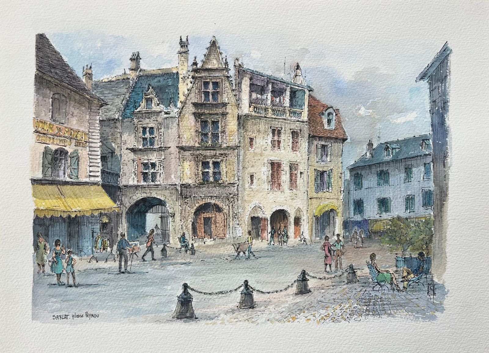 Robert Lepine (1929   2017)french Watercolor Painting Of Sarlat La Canéda, Place Peyrou20th Century