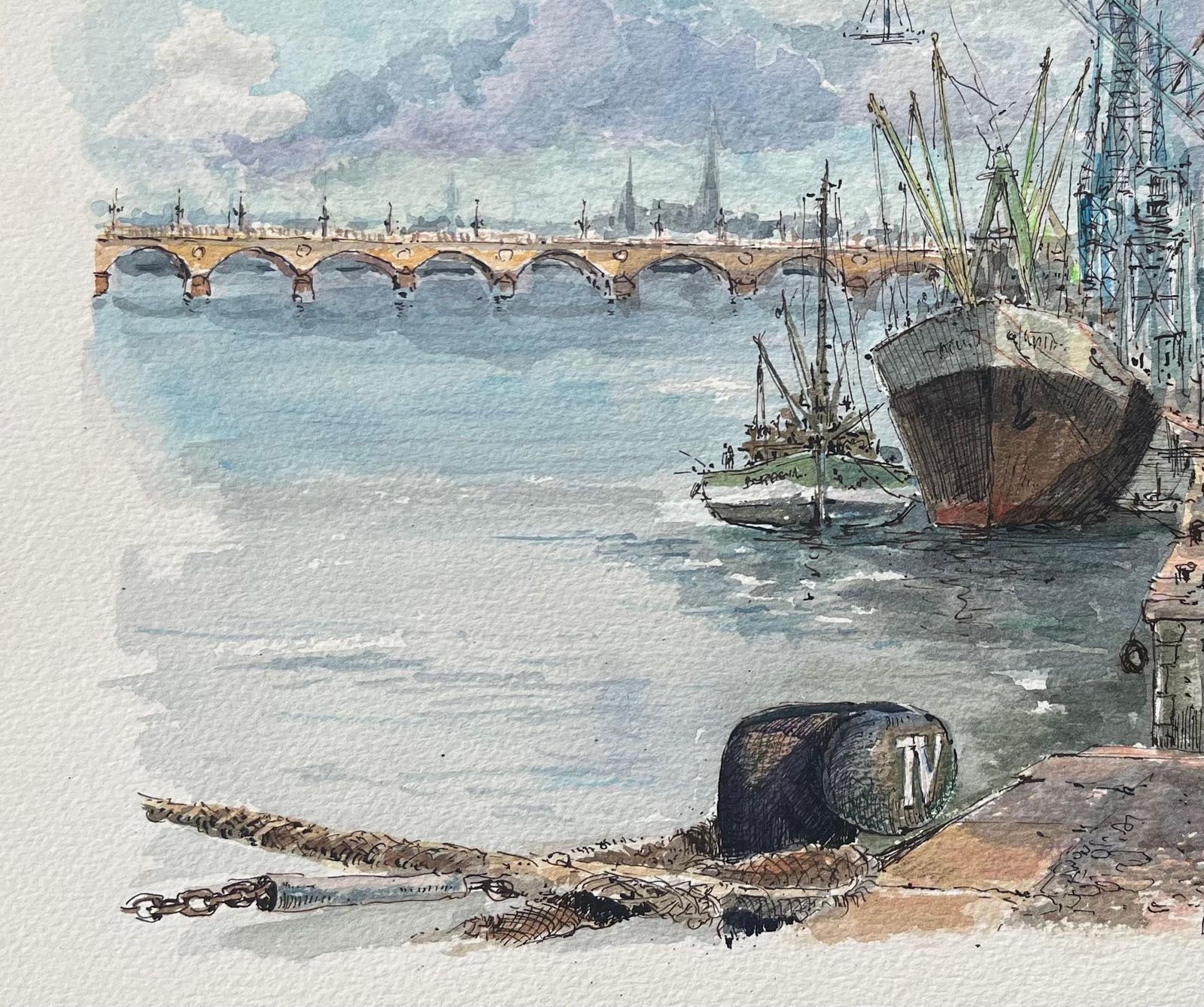 Robert Lepine (1929   2017)french Watercolor Of "Les Quais De La Garonne, Bordeaux" With Ships And Cranes20th Century photo 407.0