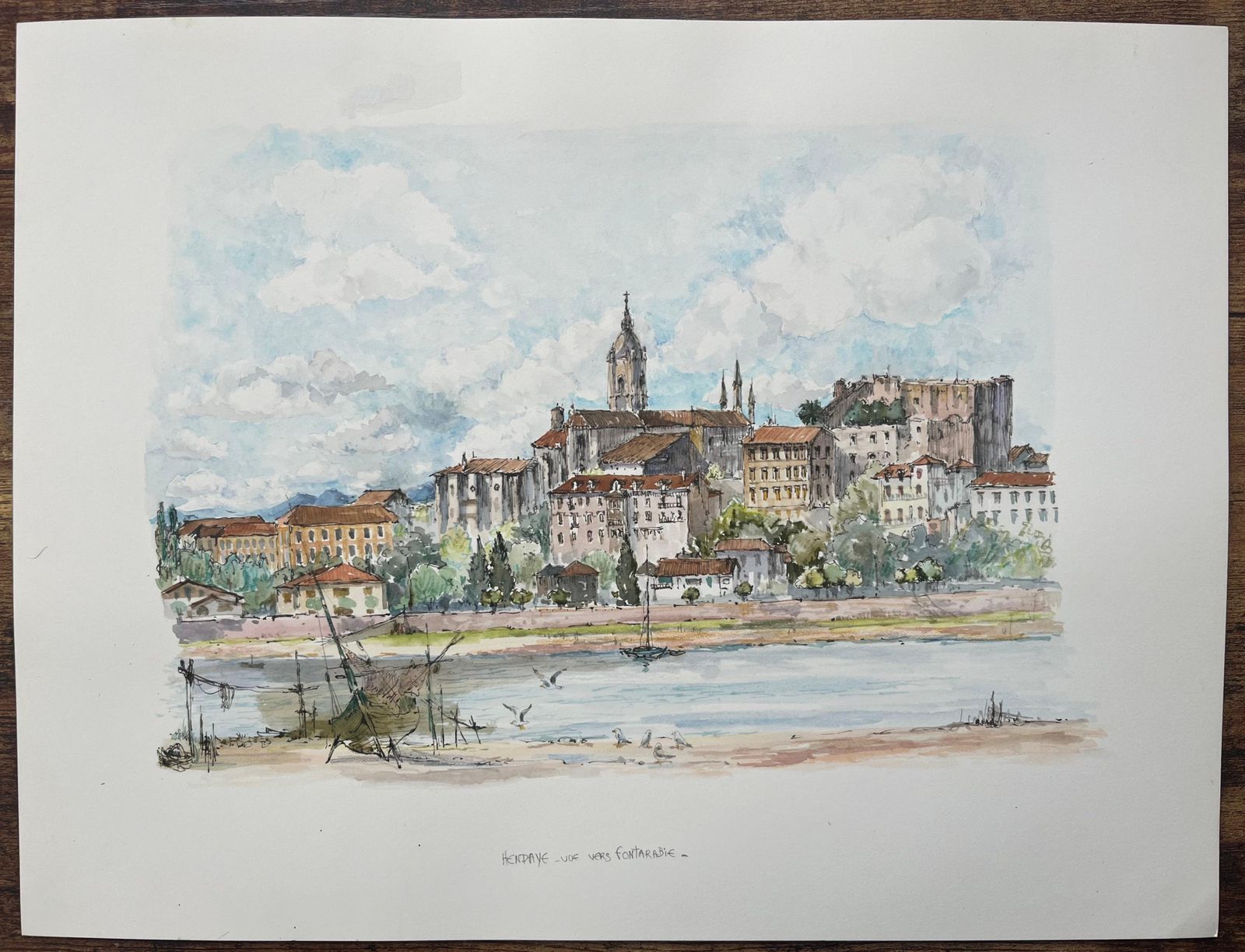 Robert Lepine (1929   2017)french Watercolor Painting Of “Vue Vers Fontarrabie” With Riverside Townscape20th Century photo furniture