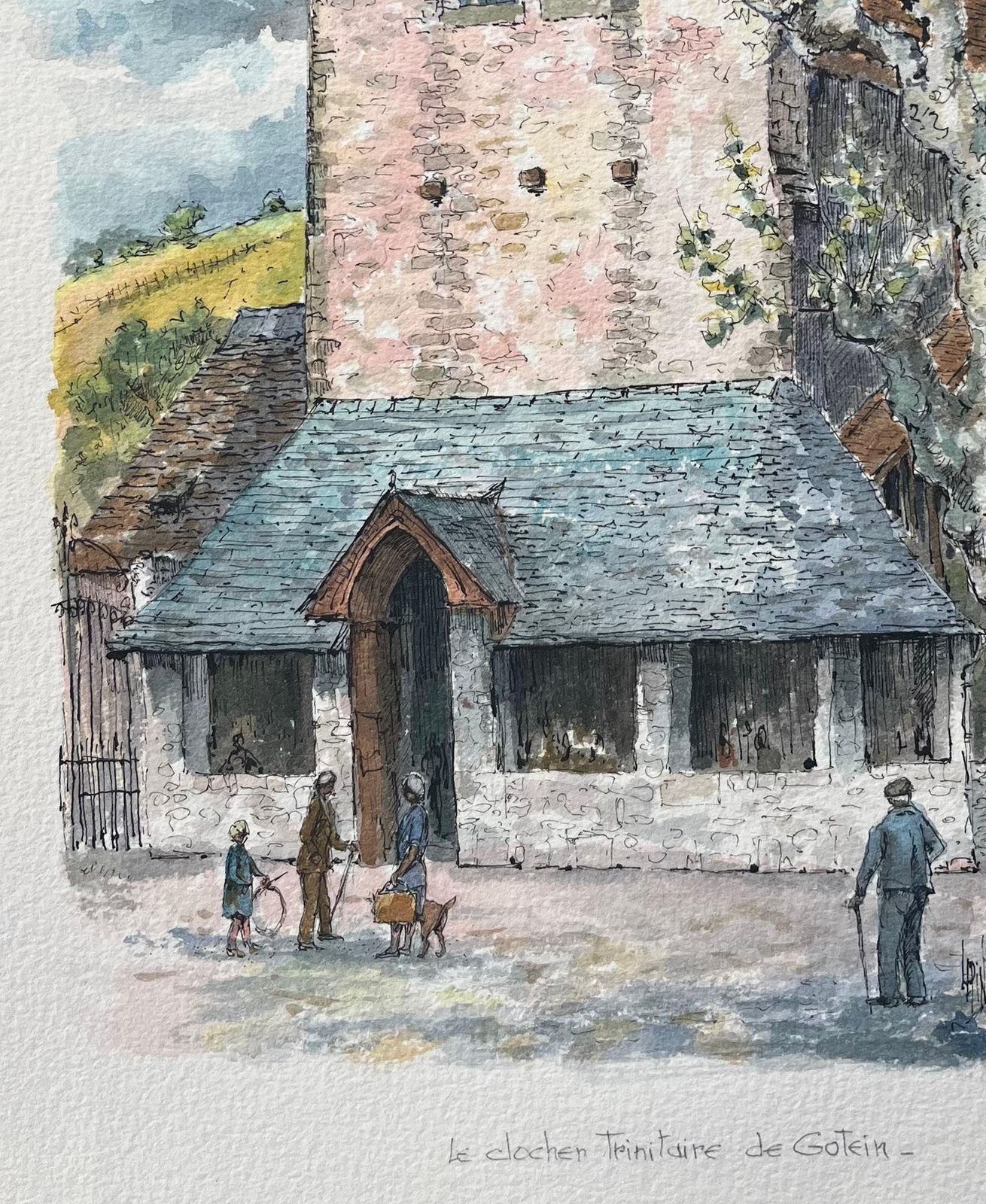 Robert Lepine (1929   2017)french Watercolor Of The Fortified Church Of Golinhac With Figures And Dog20th Century photo Art