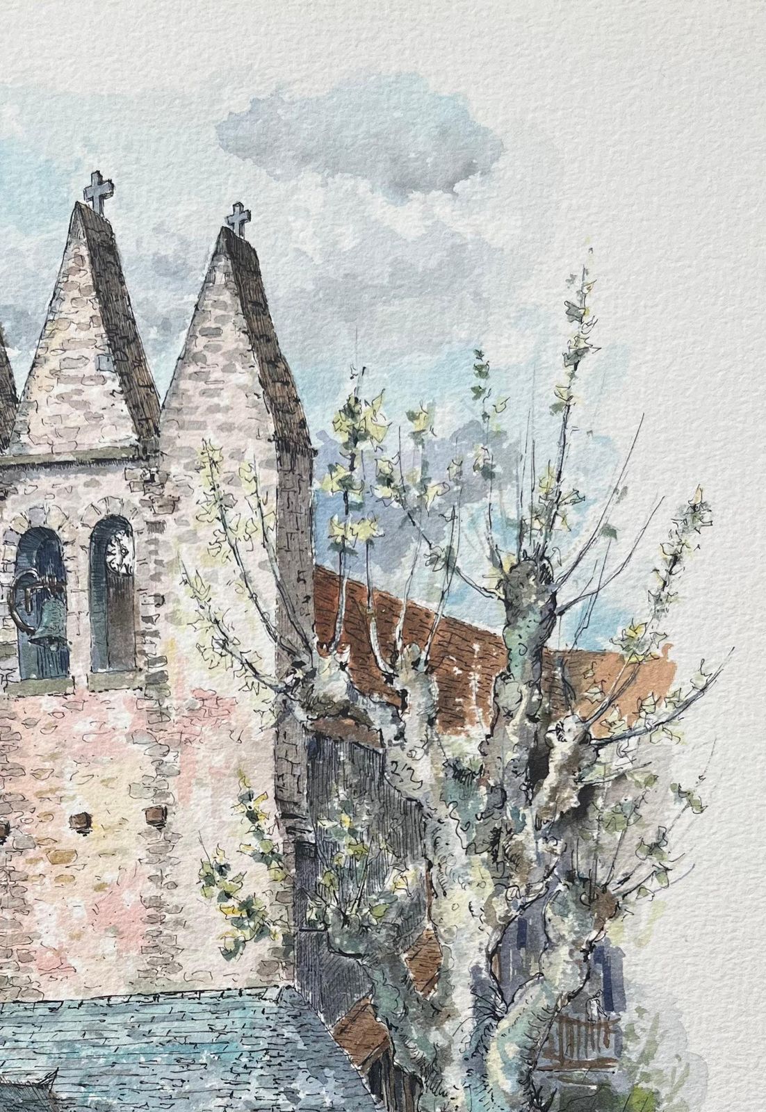 Robert Lepine (1929   2017)french Watercolor Of The Fortified Church Of Golinhac With Figures And Dog20th Century photo vinterior