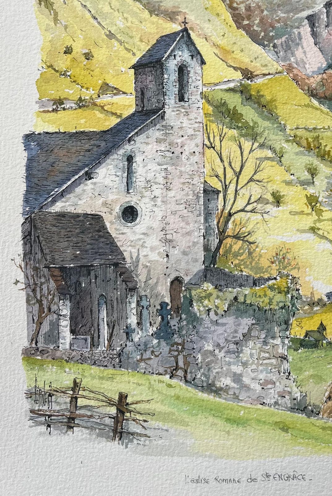 Robert Lepine (1929   2017)french Watercolor Of Romanesque Church In Sainte Engrâce20th Century photo Art