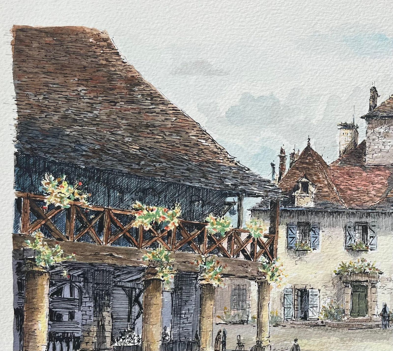 Robert Lepine (1929   2017)french Watercolor Painting Of “Les Halles” In Domme20th Century photo vinterior