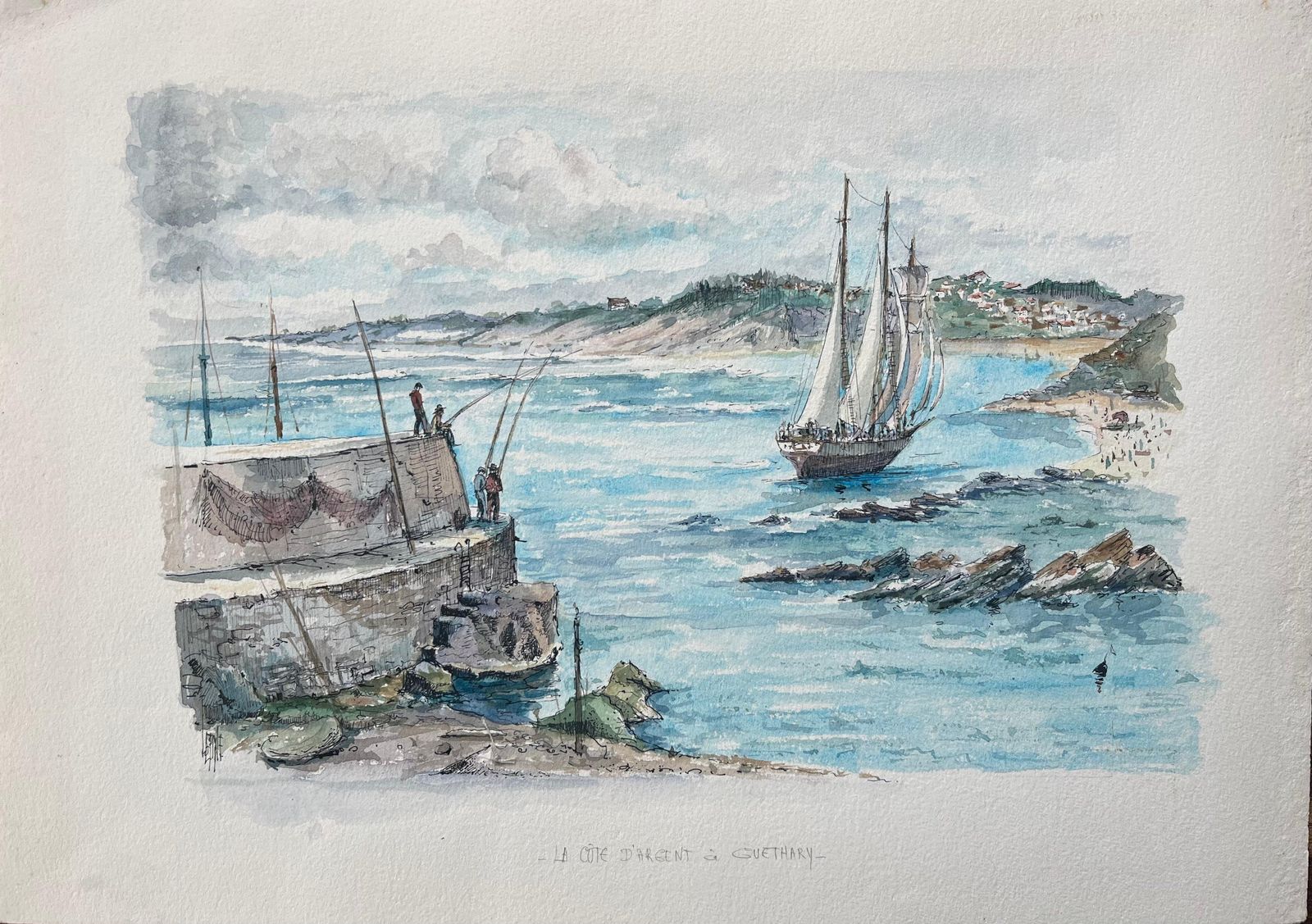 Robert Lepine (1929   2017)french Watercolor Painting Of “La Côte D’argent à Guéthary” With Sailing Ship20th Century