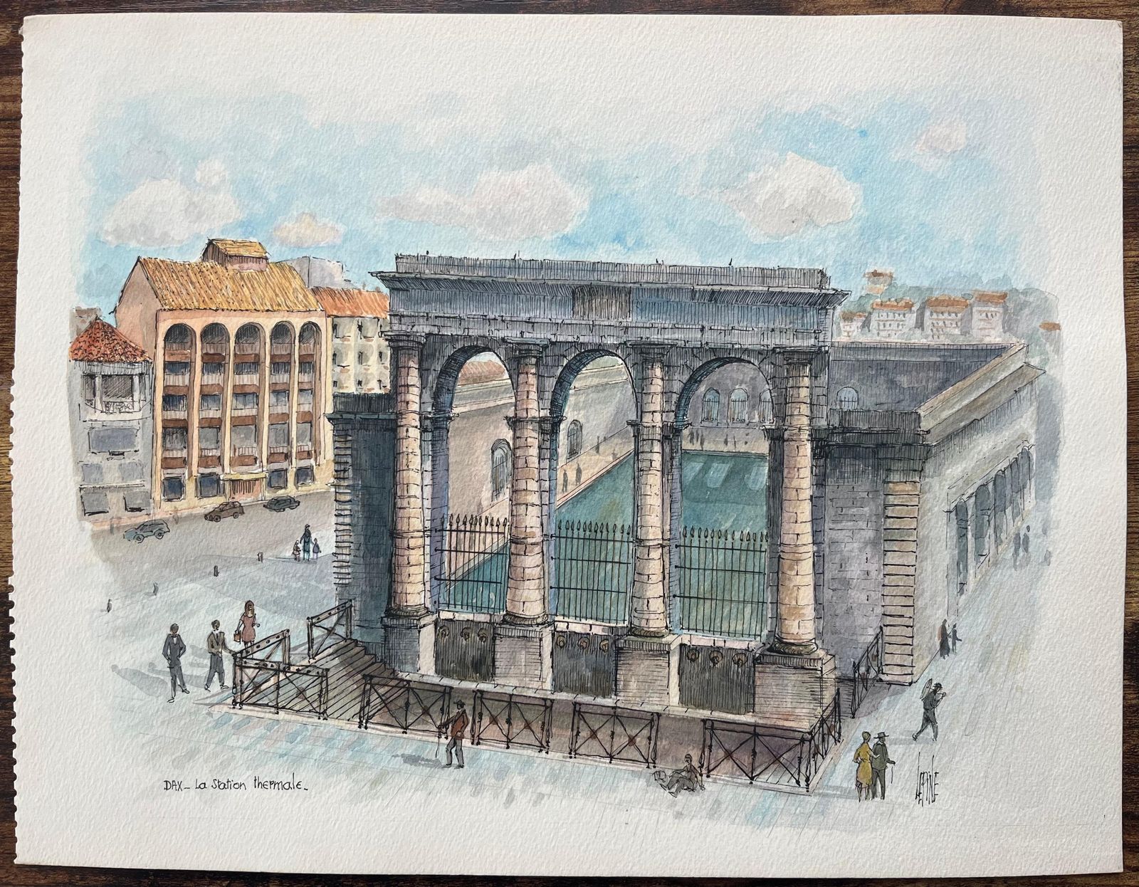 Robert Lepine (1929   2017)french Watercolor Painting Of “La Station Thermale” In Dax20th Century photo furniture