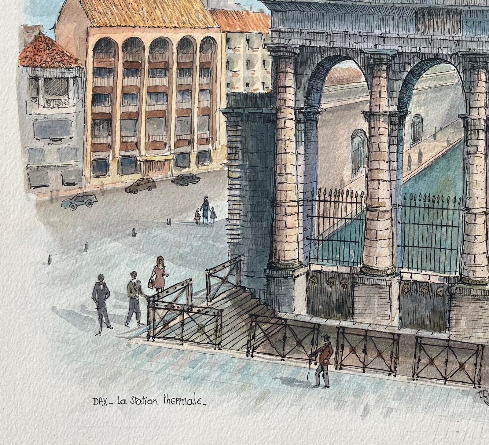 Robert Lepine (1929   2017)french Watercolor Painting Of “La Station Thermale” In Dax20th Century photo 489.0