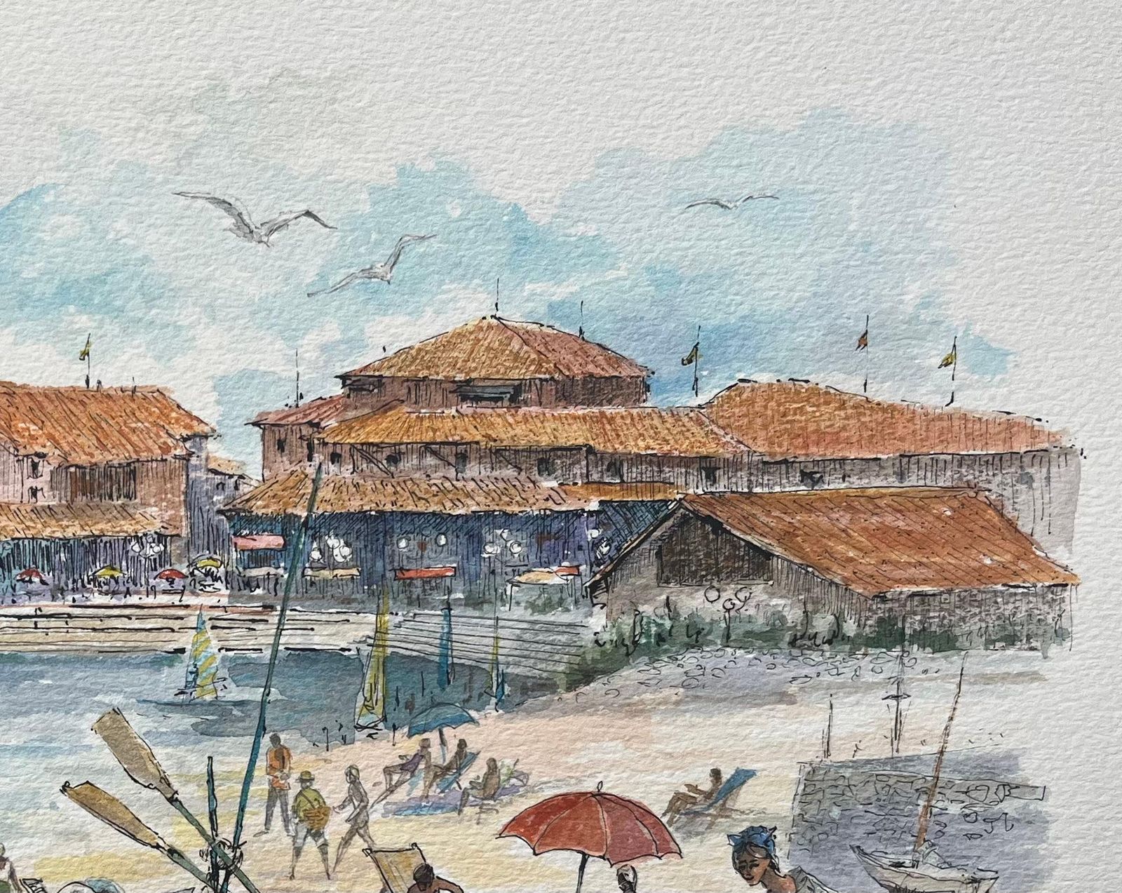 Robert Lepine (1929   2017)french Watercolor Painting Of “La Plage Et Le Port D’albret” In Vieux Boucau20th Century photo for sale