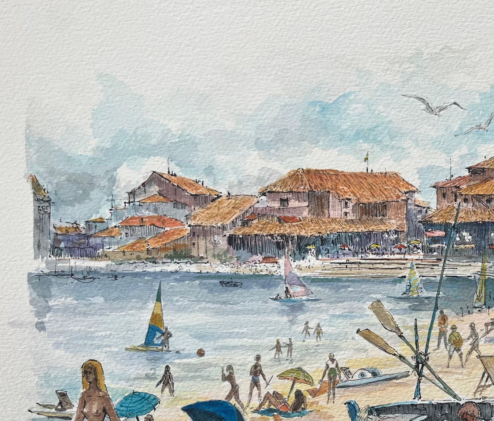Robert Lepine (1929   2017)french Watercolor Painting Of “La Plage Et Le Port D’albret” In Vieux Boucau20th Century photo vinterior