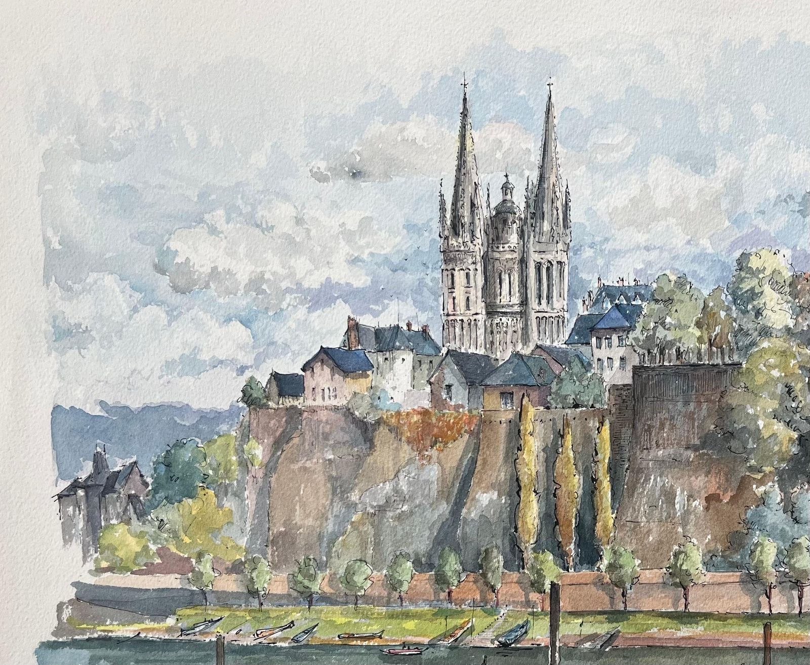 Robert Lepine (1929   2017)french Watercolor Of "Angers With Château And Cathedral" Along The Maine River20th Century photo vinterior