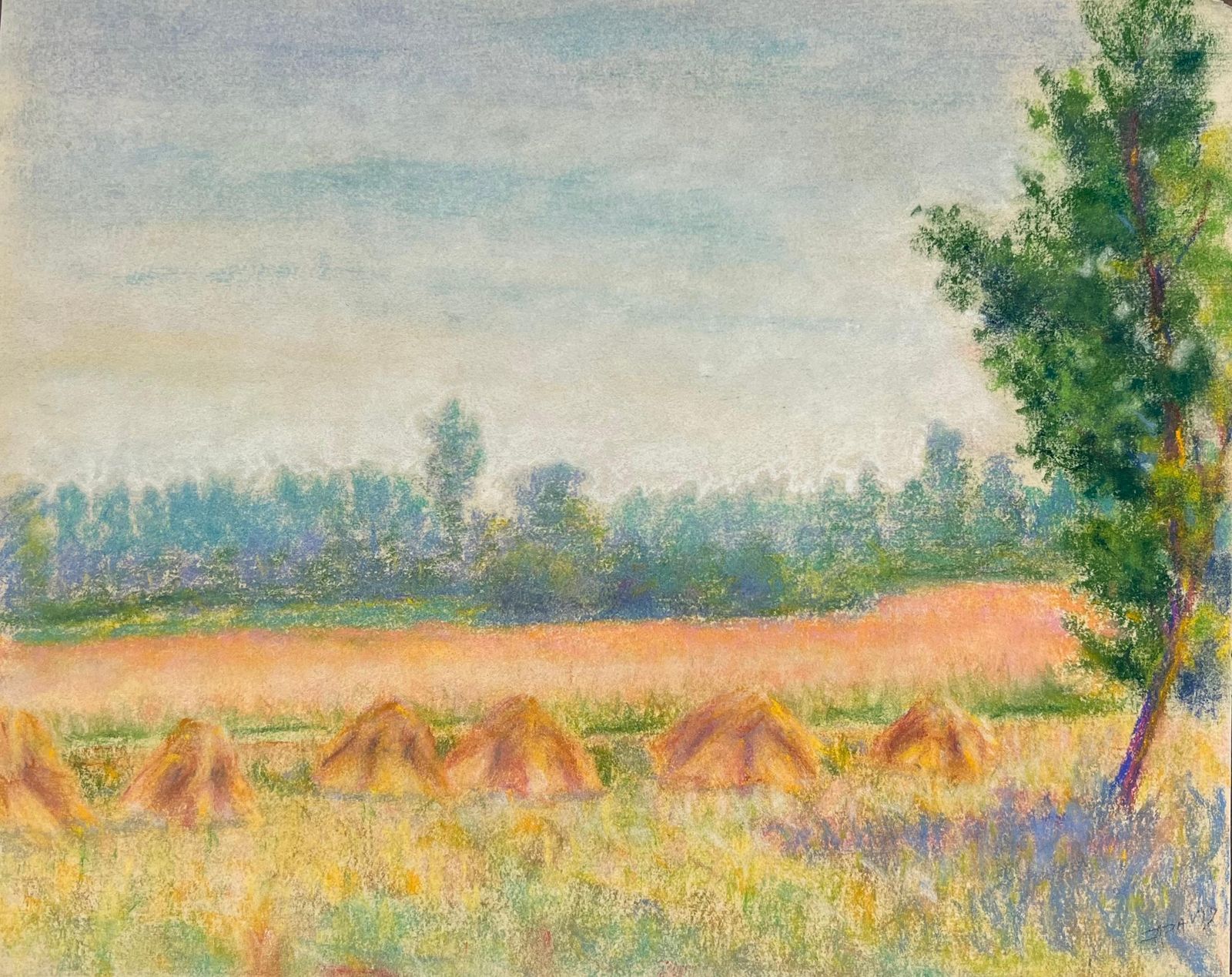 Regine Davidmid 20th Century Harvest Hues Pastel Landscape Of Haystacks And Fields At Dawn1947