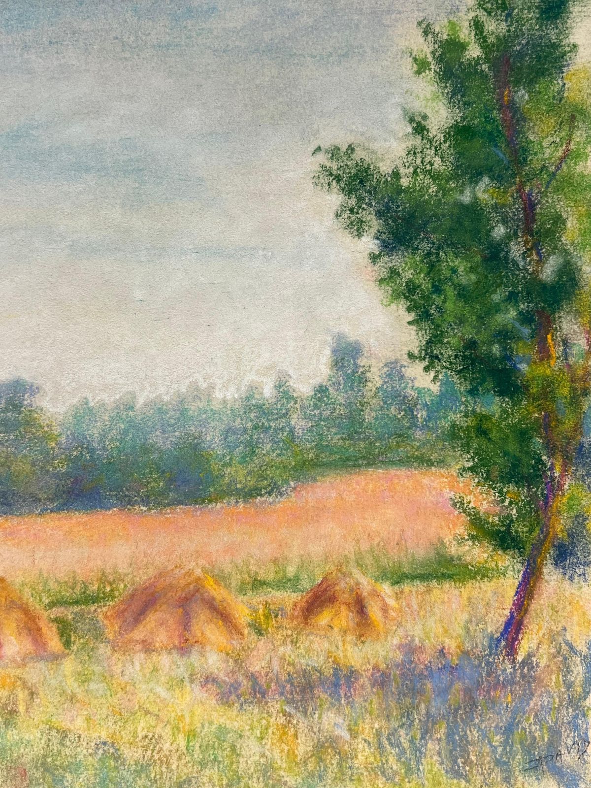 Regine Davidmid 20th Century Harvest Hues Pastel Landscape Of Haystacks And Fields At Dawn1947 photo furniture