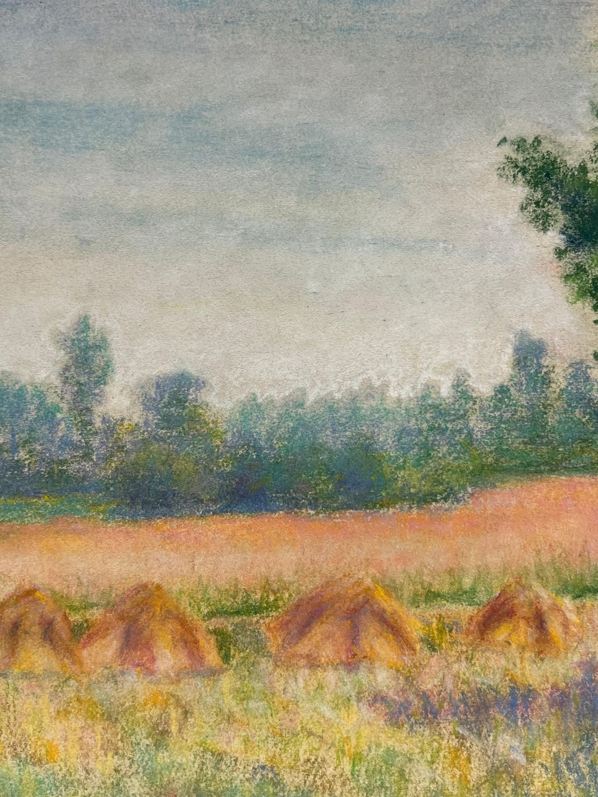 Regine Davidmid 20th Century Harvest Hues Pastel Landscape Of Haystacks And Fields At Dawn1947 photo Art