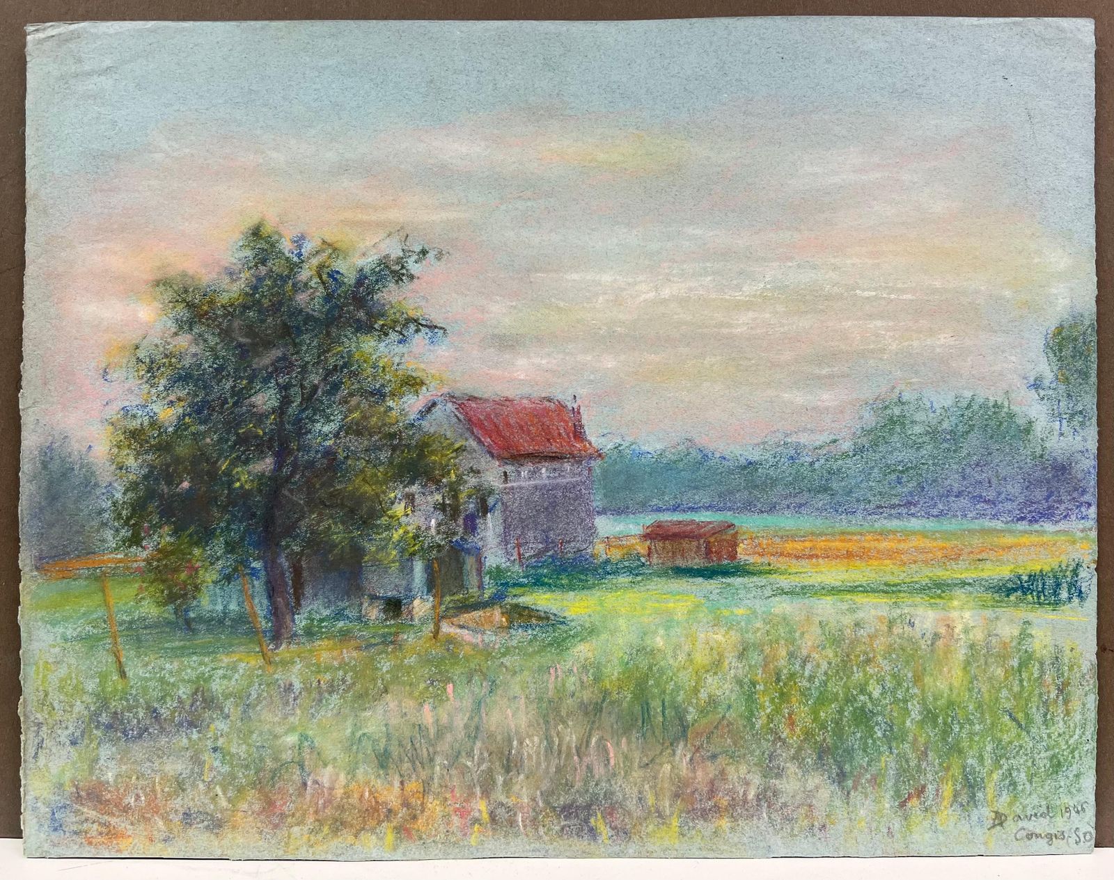 Regine Davidmid 20th Century French Countryside Pastel Landscape Of A Farmhouse In Field1946 photo furniture