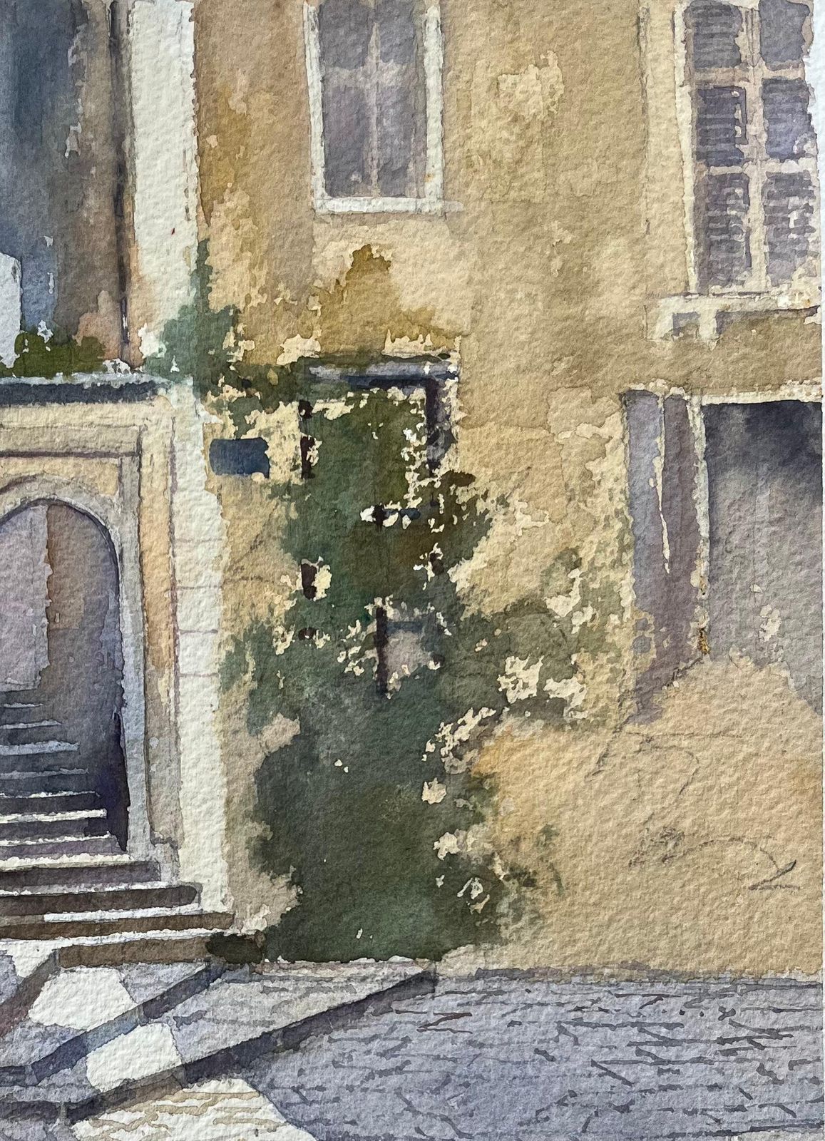 Anthony Averybritish Watercolor Of A Stone Courtyard And Rustic Spanish Doorway photo vinterior