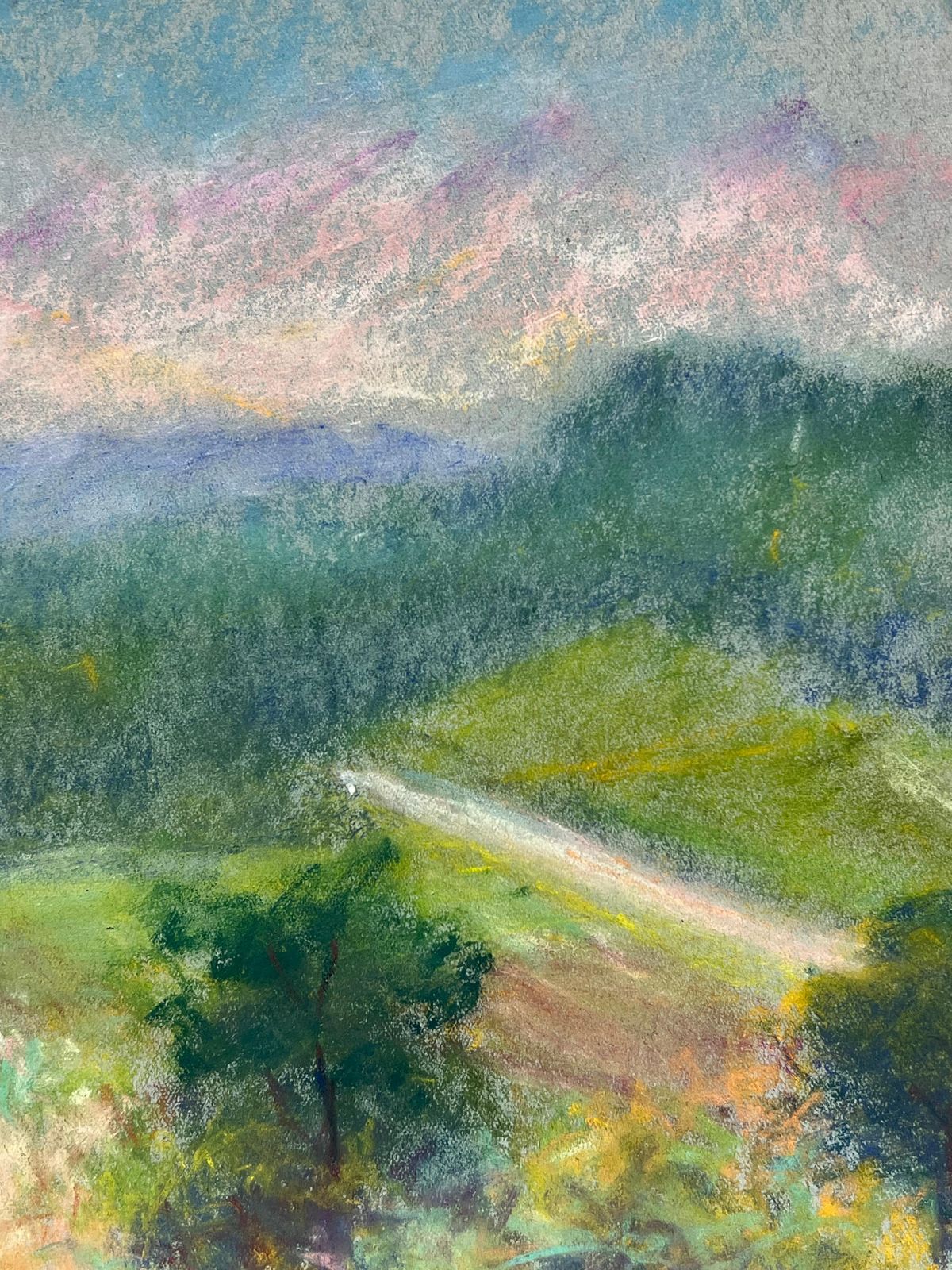 Regine Davidvibrant Hillside View Pastel Landscape Of Rolling Greens And Distant Mountain1947 photo for sale