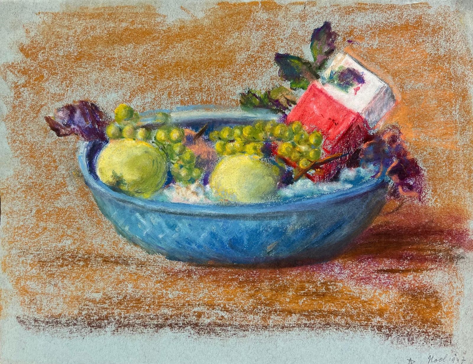Regine Davidmid 20th Century French Pastel Still Life Of Fruit In A Blue Bowl1947 photo for sale