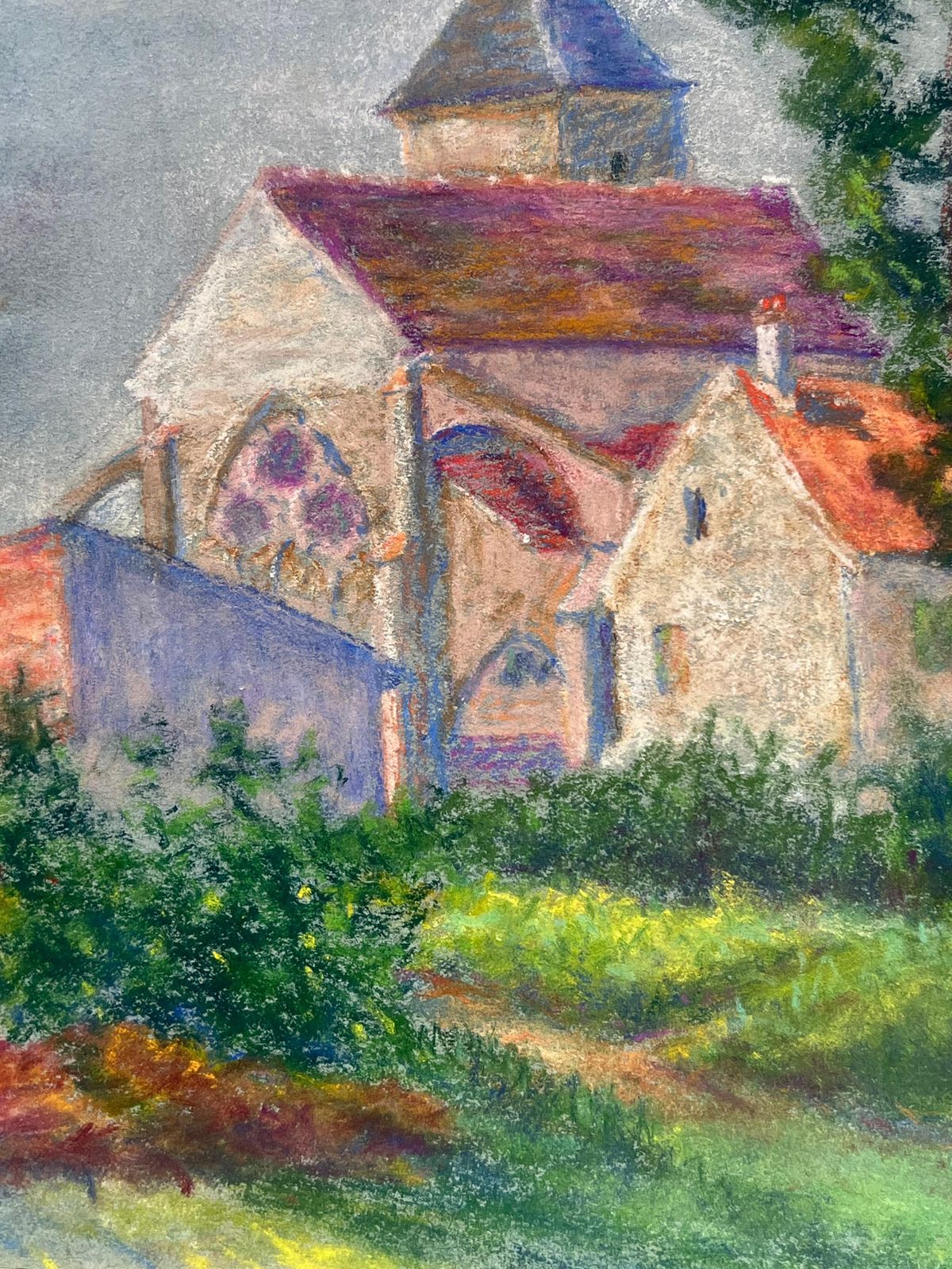 Regine Davidmid 20th Century French Pastel Landscape Of A Village Church Among Trees1967 photo buy