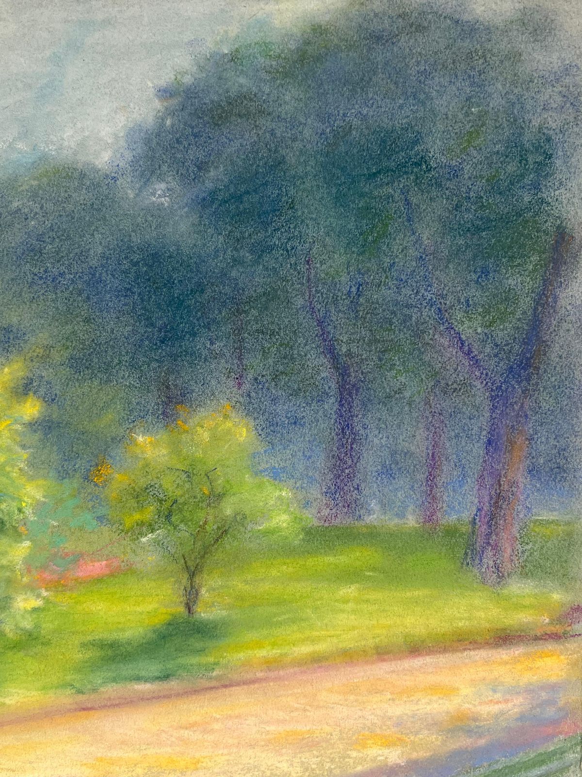 Regine Davidmid 20th Century Sunlit Path Through A Verdant Park: A Pastel Landscape Of Trees1947 photo for sale