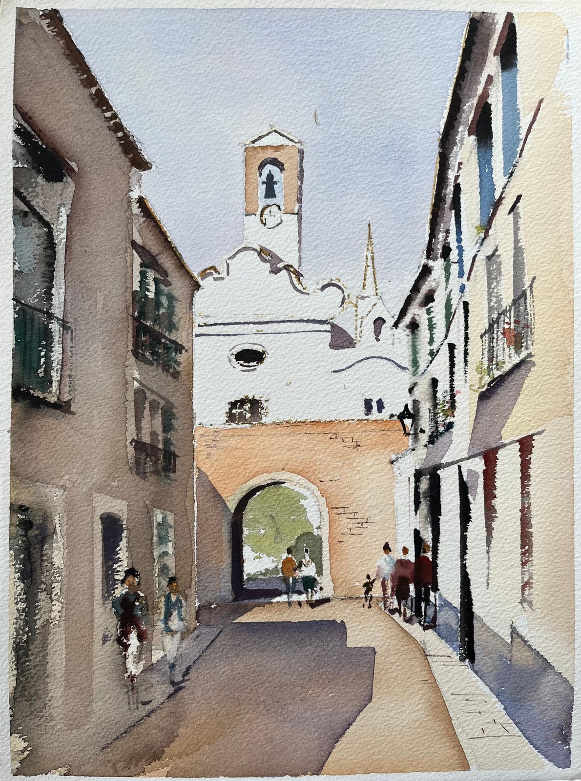 Anthony Averybritish Watercolor Of Spanish Village Scene With Church And Archway