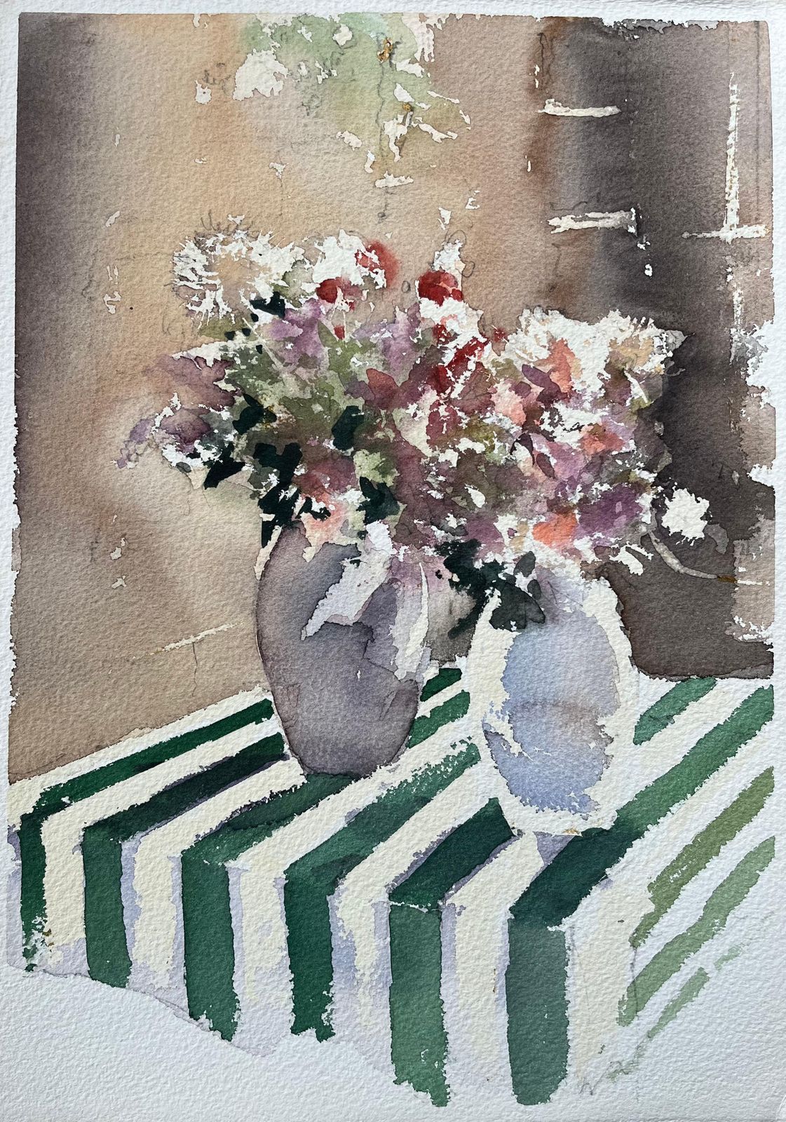 Anthony Averybritish Watercolor Of Floral Arrangement On Green Striped Table