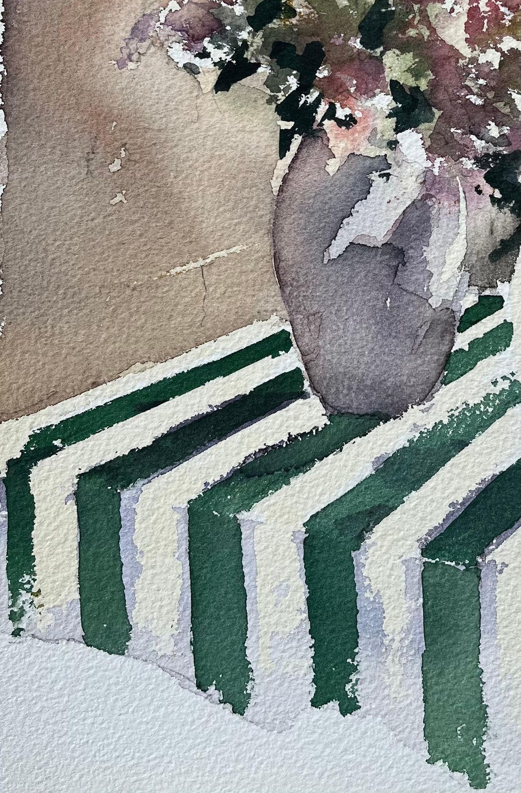 Anthony Averybritish Watercolor Of Floral Arrangement On Green Striped Table photo vinterior