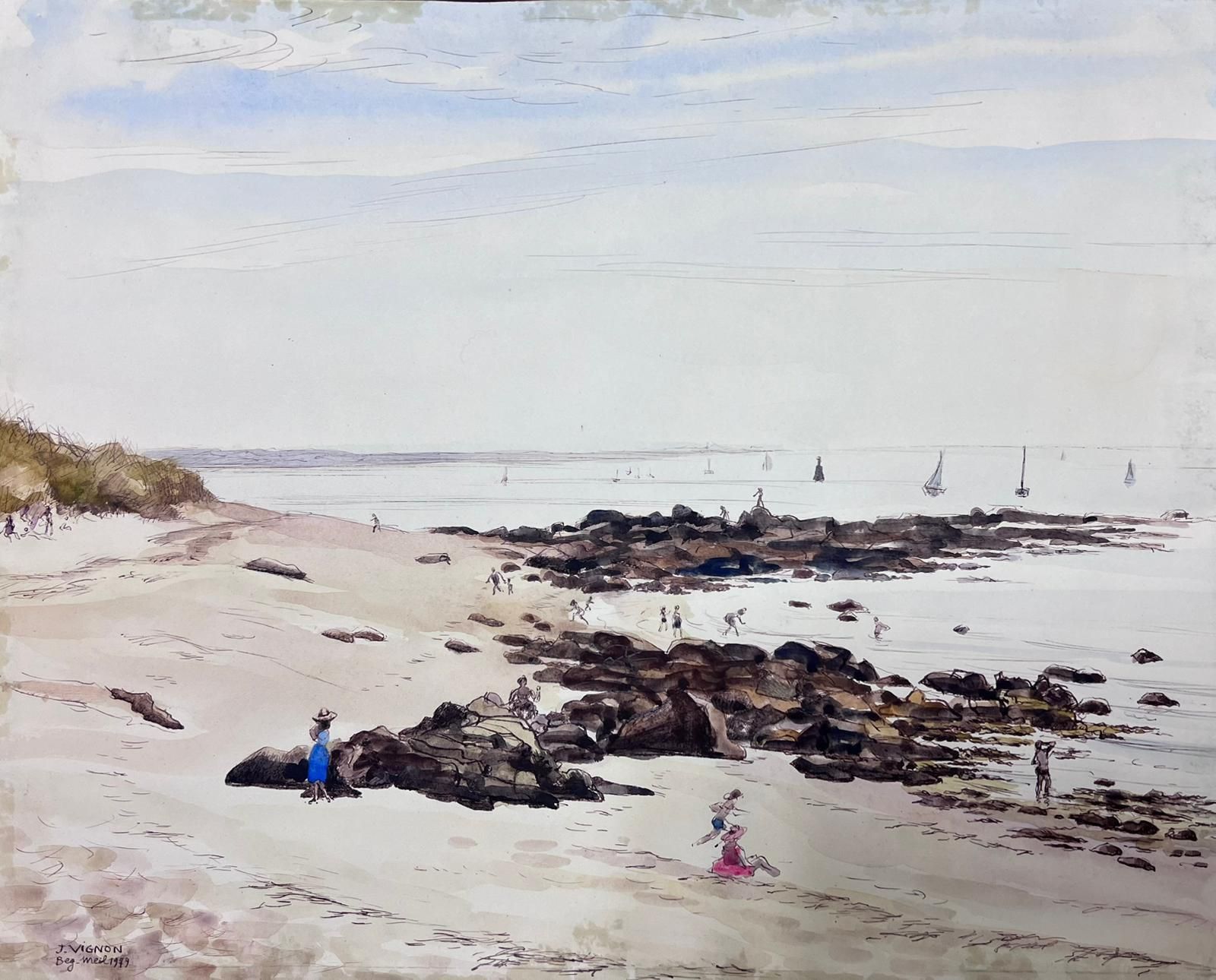 Josine Vignonbeach Scene With Figures Enjoying The Shoreline Gentle Waves Sailing Boats1950s