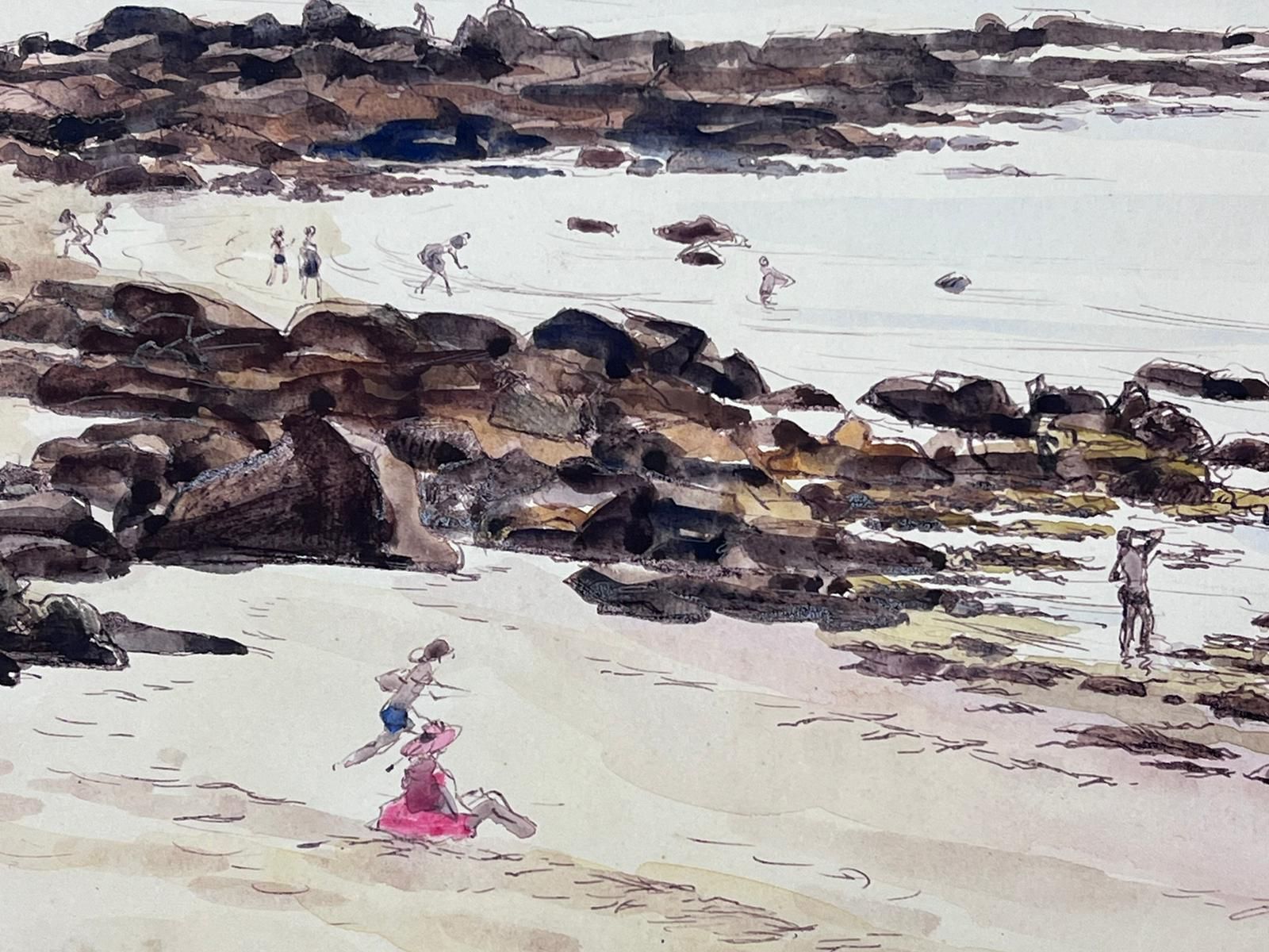 Josine Vignonbeach Scene With Figures Enjoying The Shoreline Gentle Waves Sailing Boats1950s photo for sale