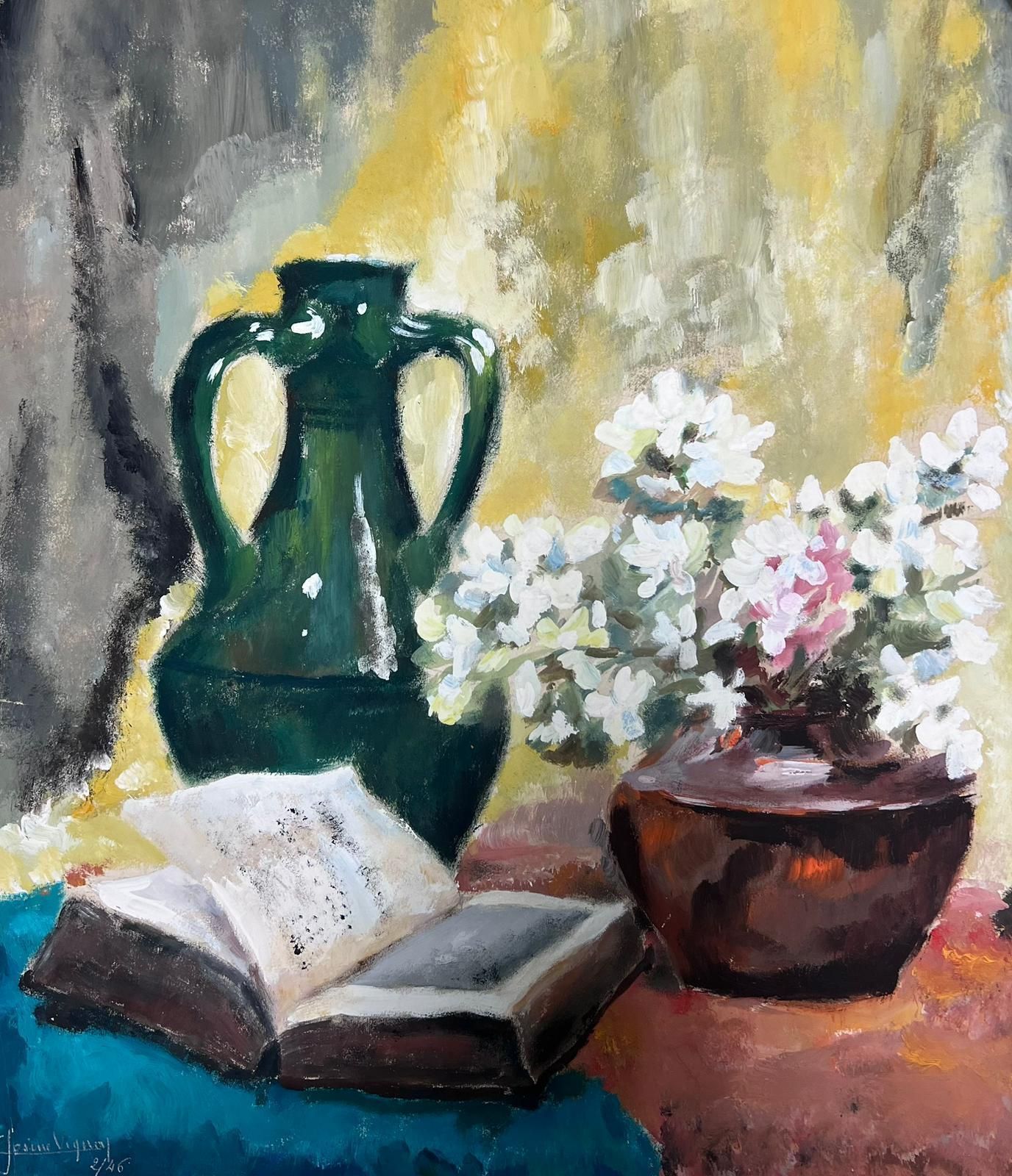 Josine Vignonfrench A Still Life With Open Book, Vase And Blossoming Plant1950s