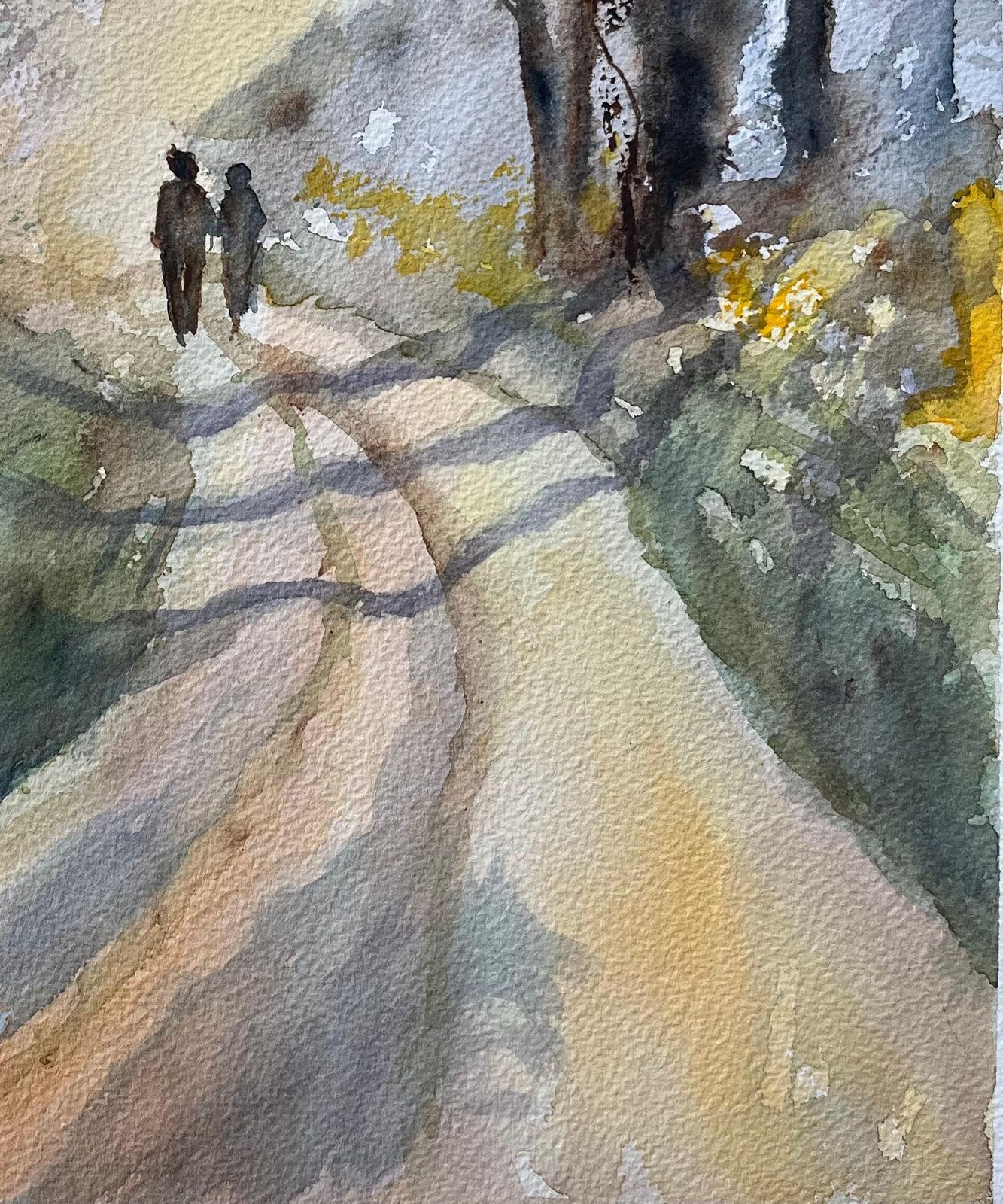 Anthony Averybritish Watercolor Landscape With Two Figures On A Country Path At Sunrise photo 474.0