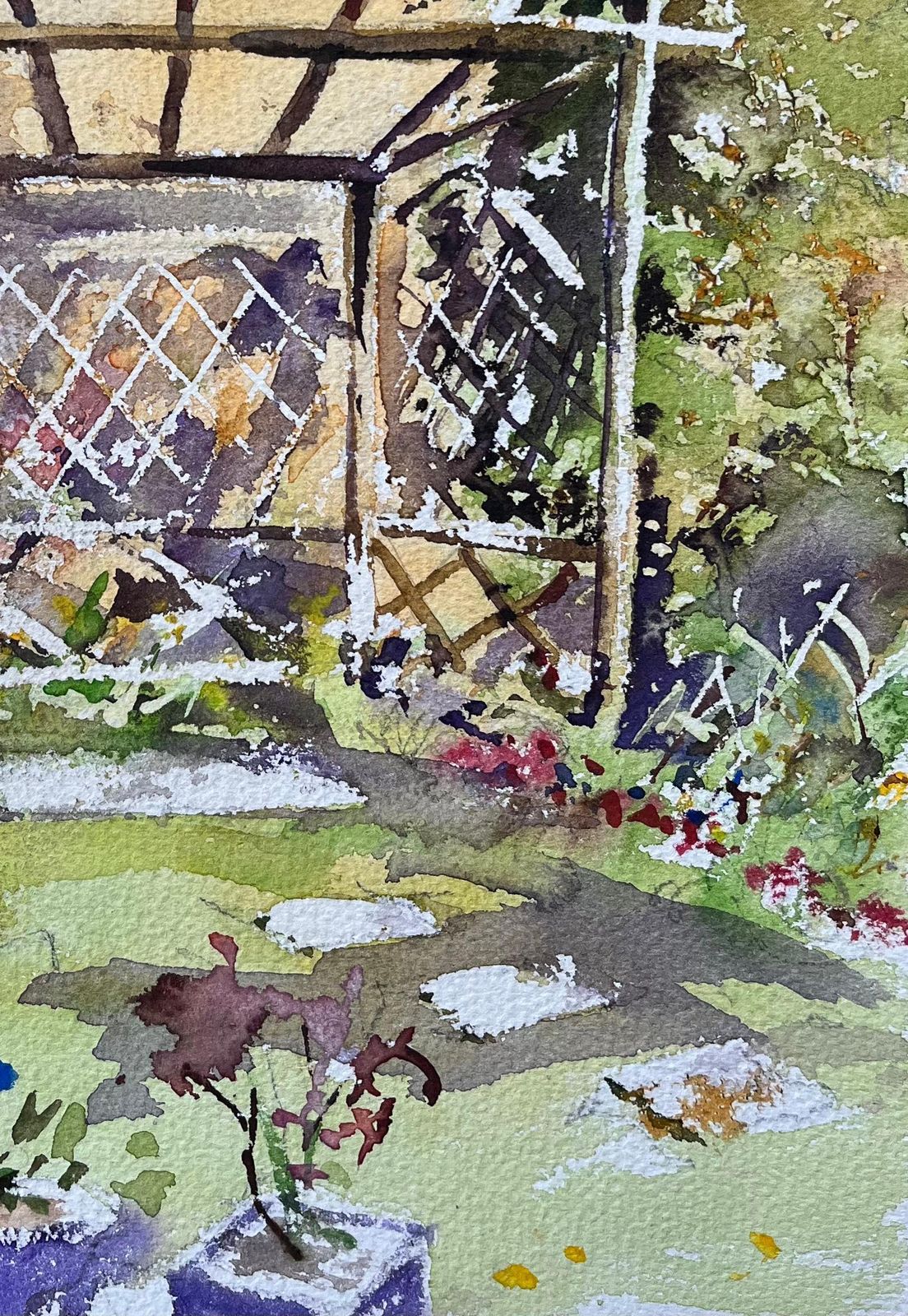 Anthony Averybritish Watercolor Of A Quaint Garden With Trellis And Blossoms photo for sale