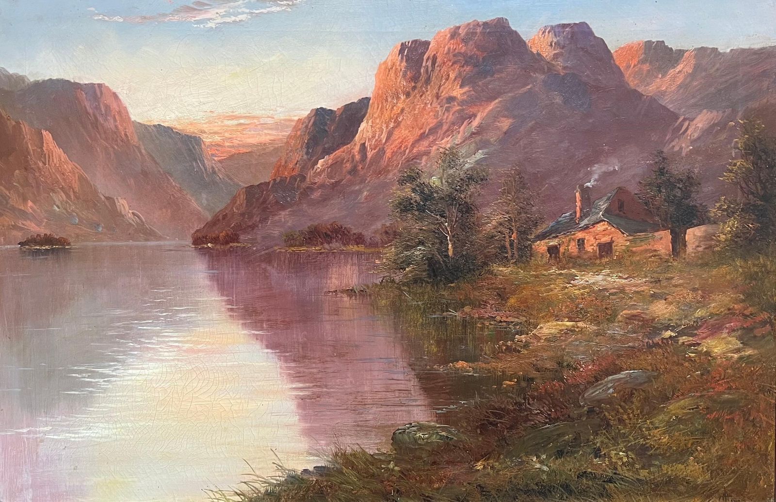 F. E. Jamiesonsunset Antique Scottish Landscape Signed Oil Painting Cottage By Highland Loch1920's photo furniture