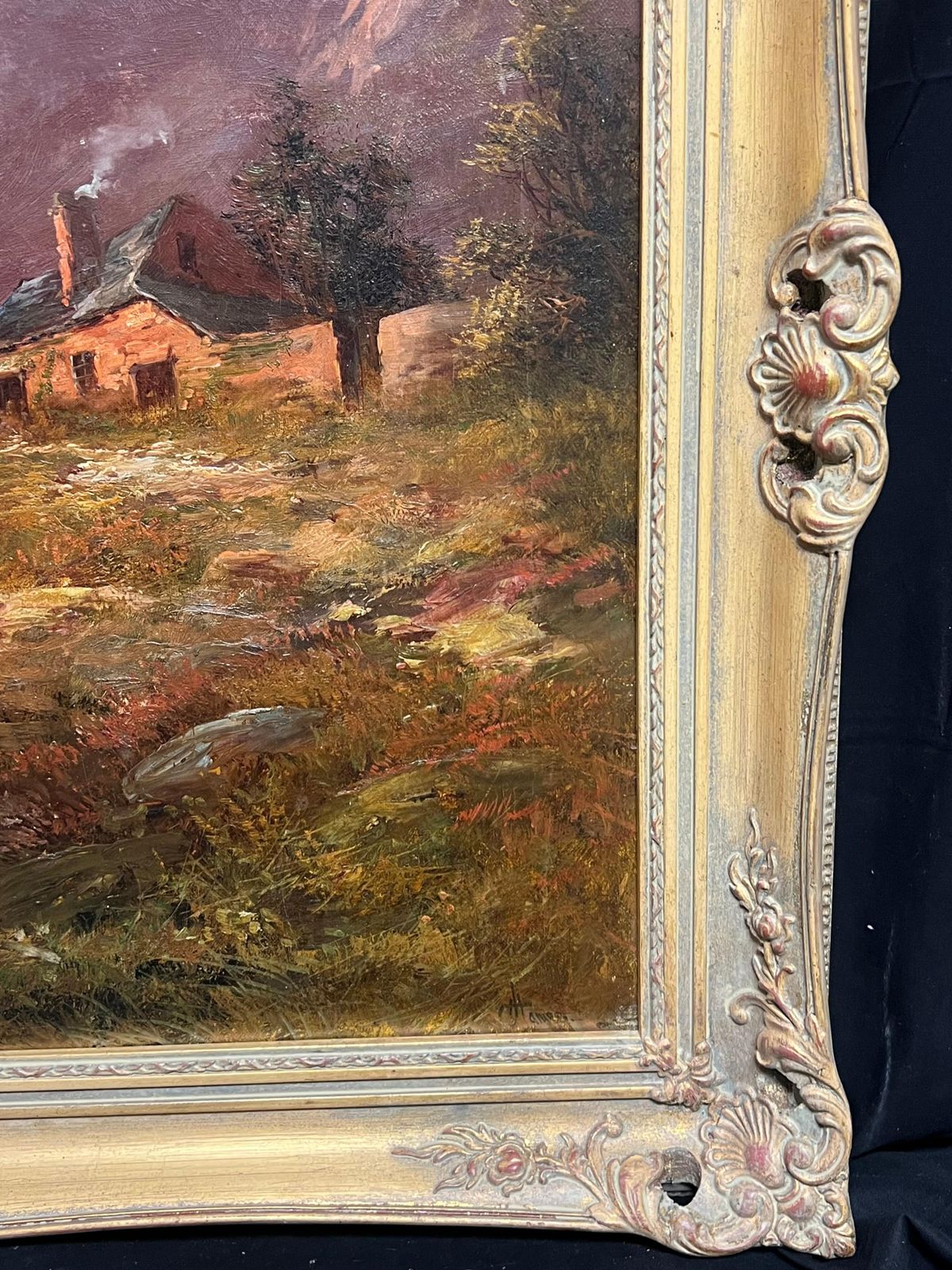 F. E. Jamiesonsunset Antique Scottish Landscape Signed Oil Painting Cottage By Highland Loch1920's photo vintage