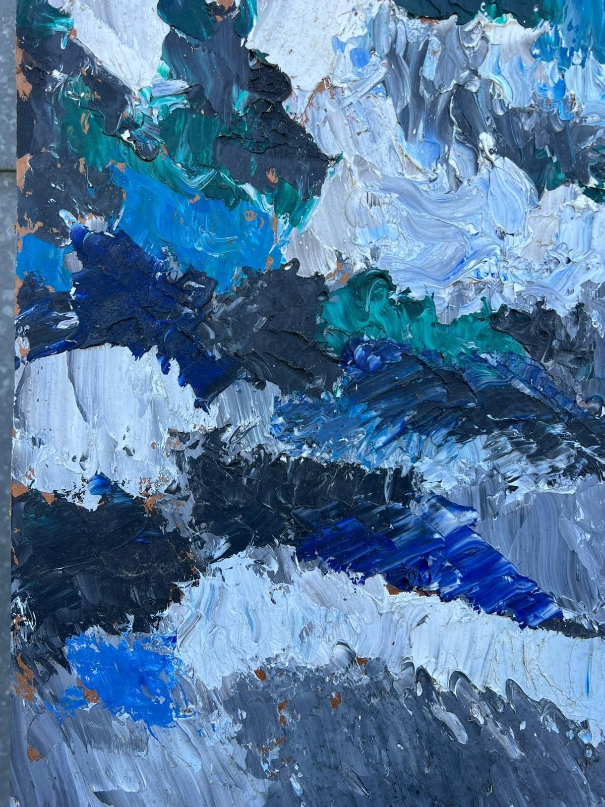 French Cubist 1950'sabstract Seascape Bold Brushstrokes Thick Shades Blue & Grey French Mid 20th Oil1950's photo Art