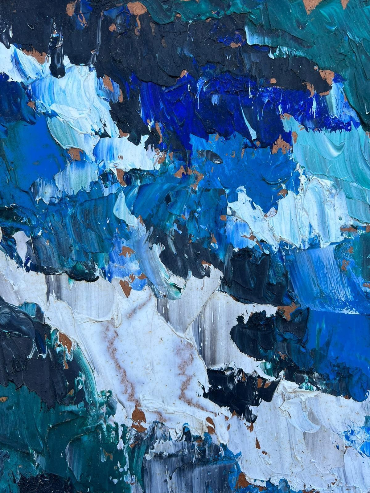 French Cubist 1950'sabstract Seascape Bold Brushstrokes Thick Shades Blue & Grey French Mid 20th Oil1950's photo vintage