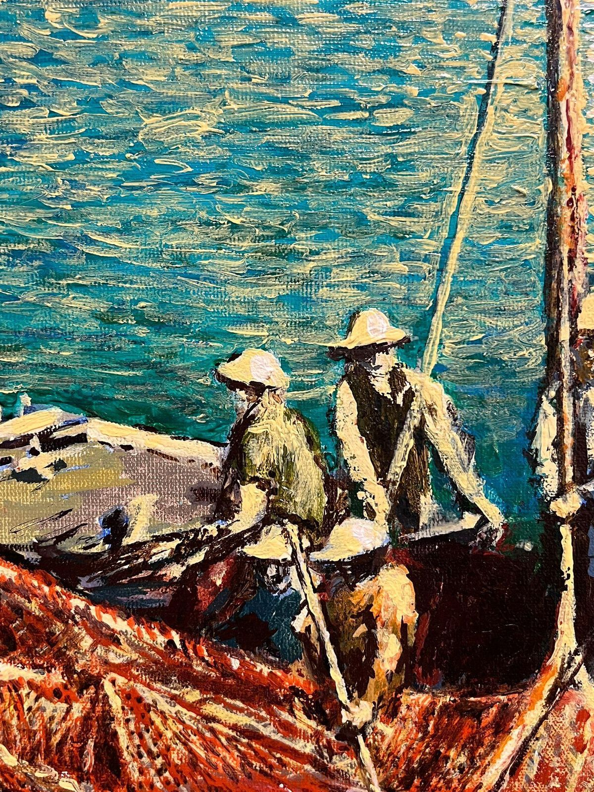 Gilbert Fuliolarge French Modernist Oil Painting Tuna Fishermen At Sea With Their Catch, 19931993 photo vintage