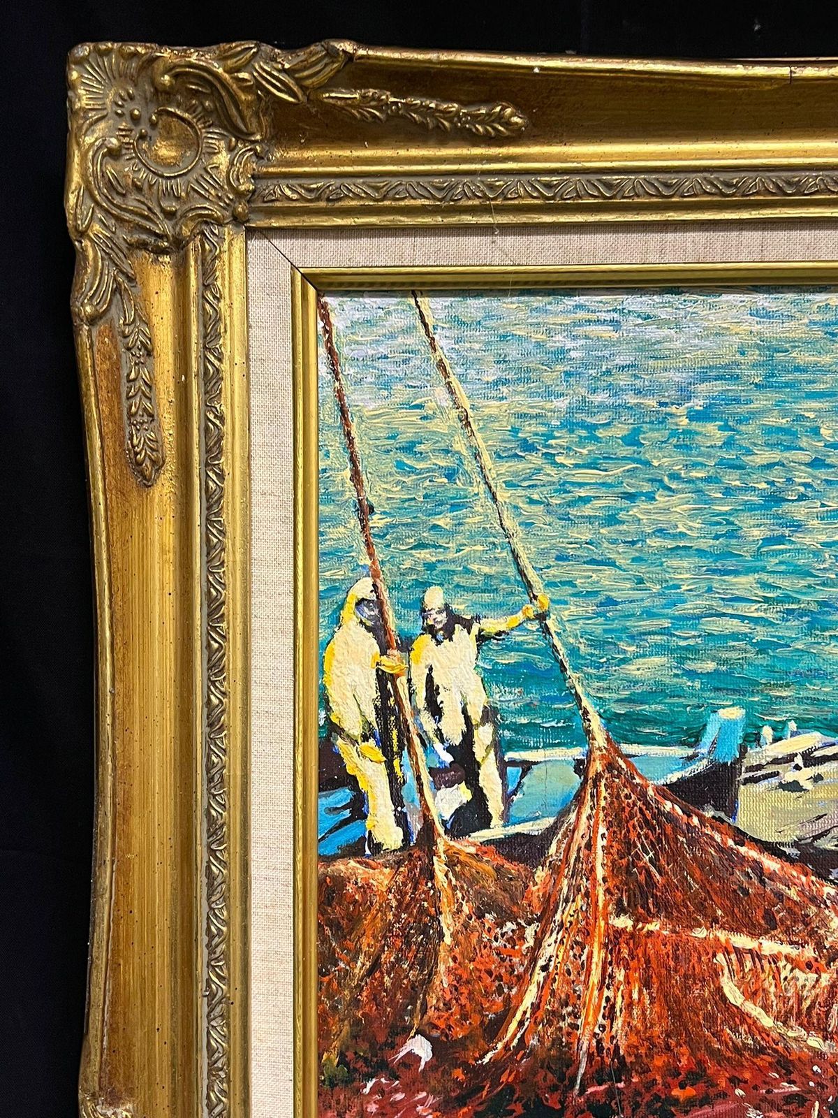 photo furniture Gilbert Fuliolarge French Modernist Oil Painting Tuna Fishermen At Sea With Their Catch, 19931993