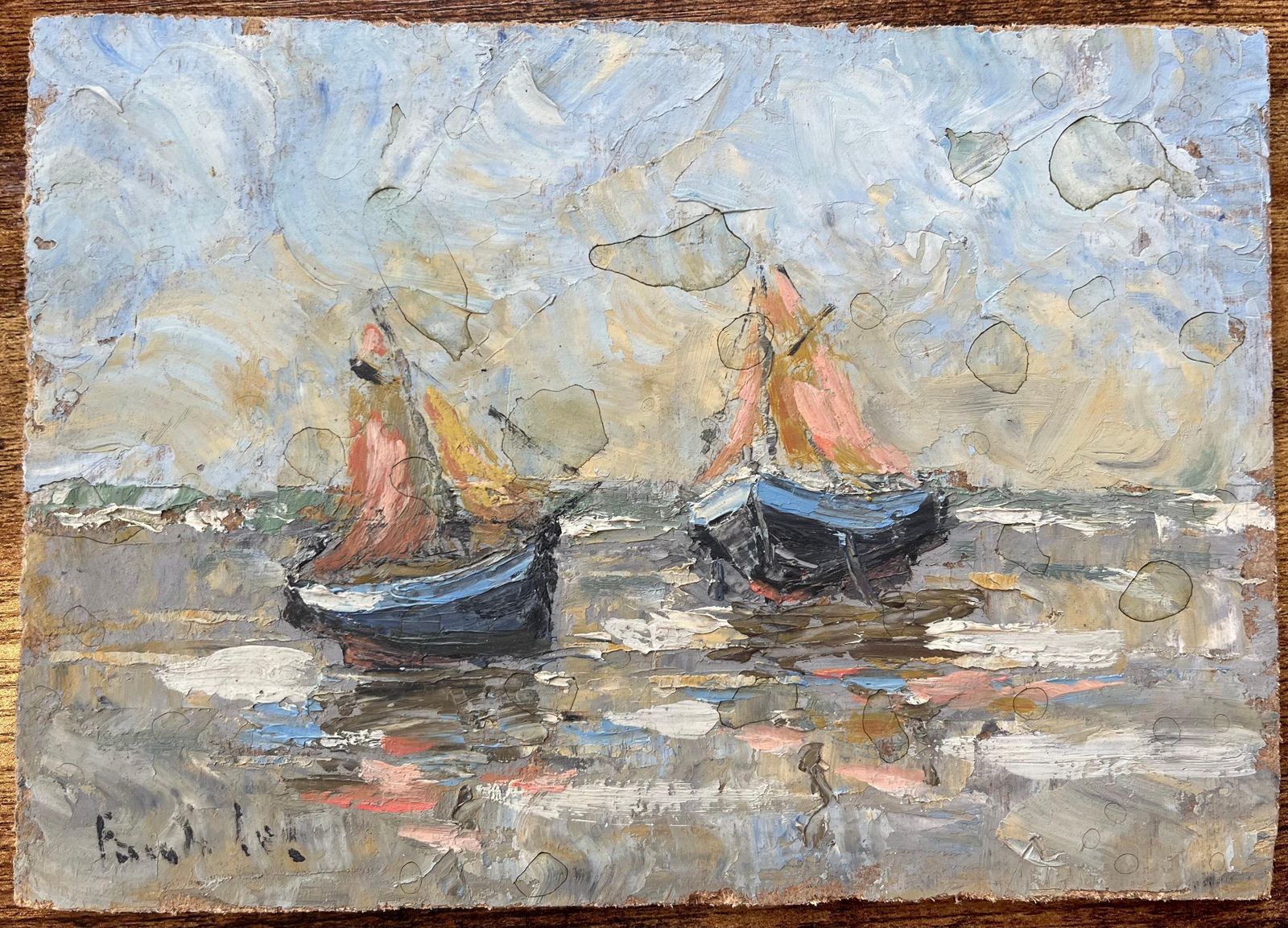 Fanch Lelfrench Impressionist Oil Painting Of Boats At Low Tide photo furniture