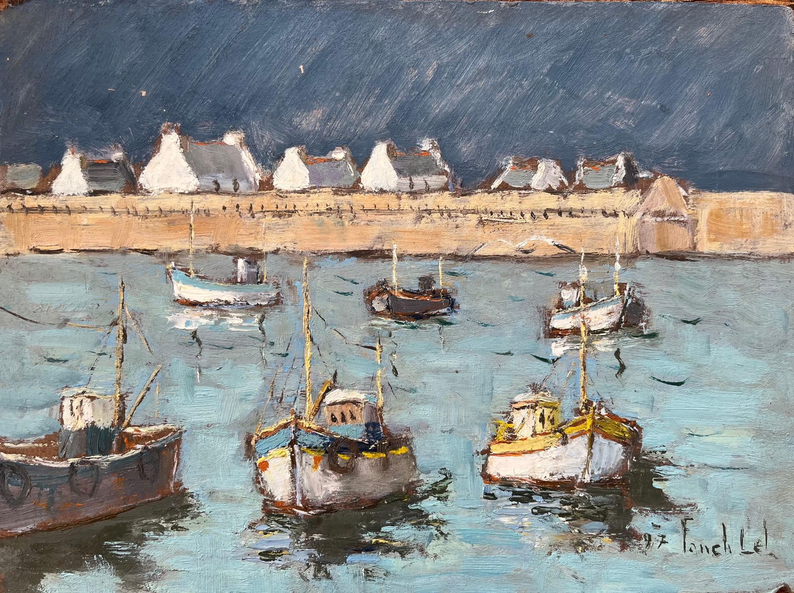 Fanch Lelfrench Impressionist Oil Painting Of Fishing Boats In A Harbor1997