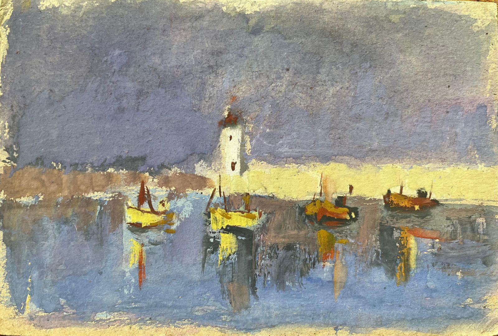 Fanch Lelfrench Impressionist Oil Painting Of Boats In A Harbor At Dusk