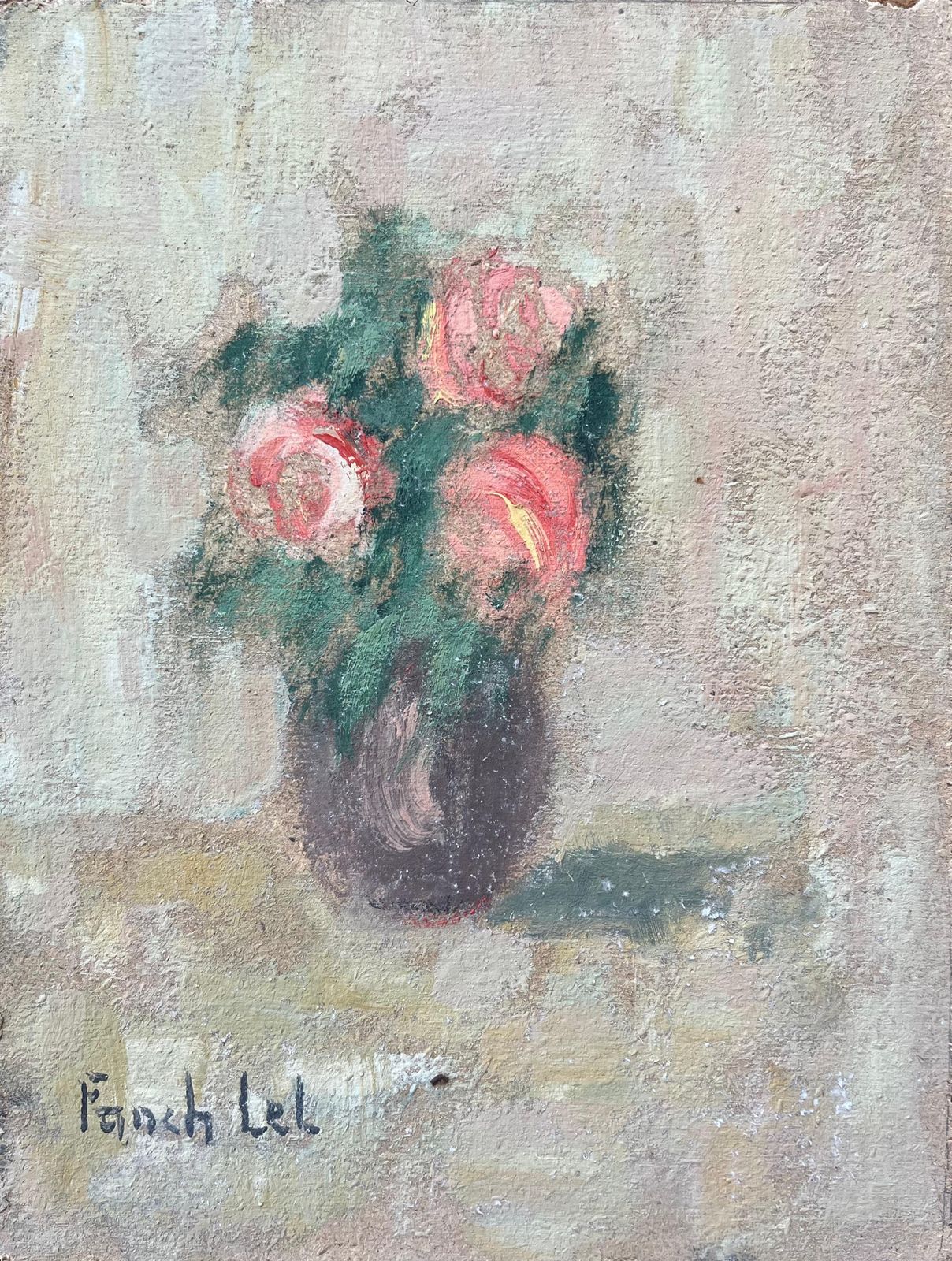 Fanch Lelfrench Impressionist Oil Painting Of Still Life Of Pink Roses In A Vase