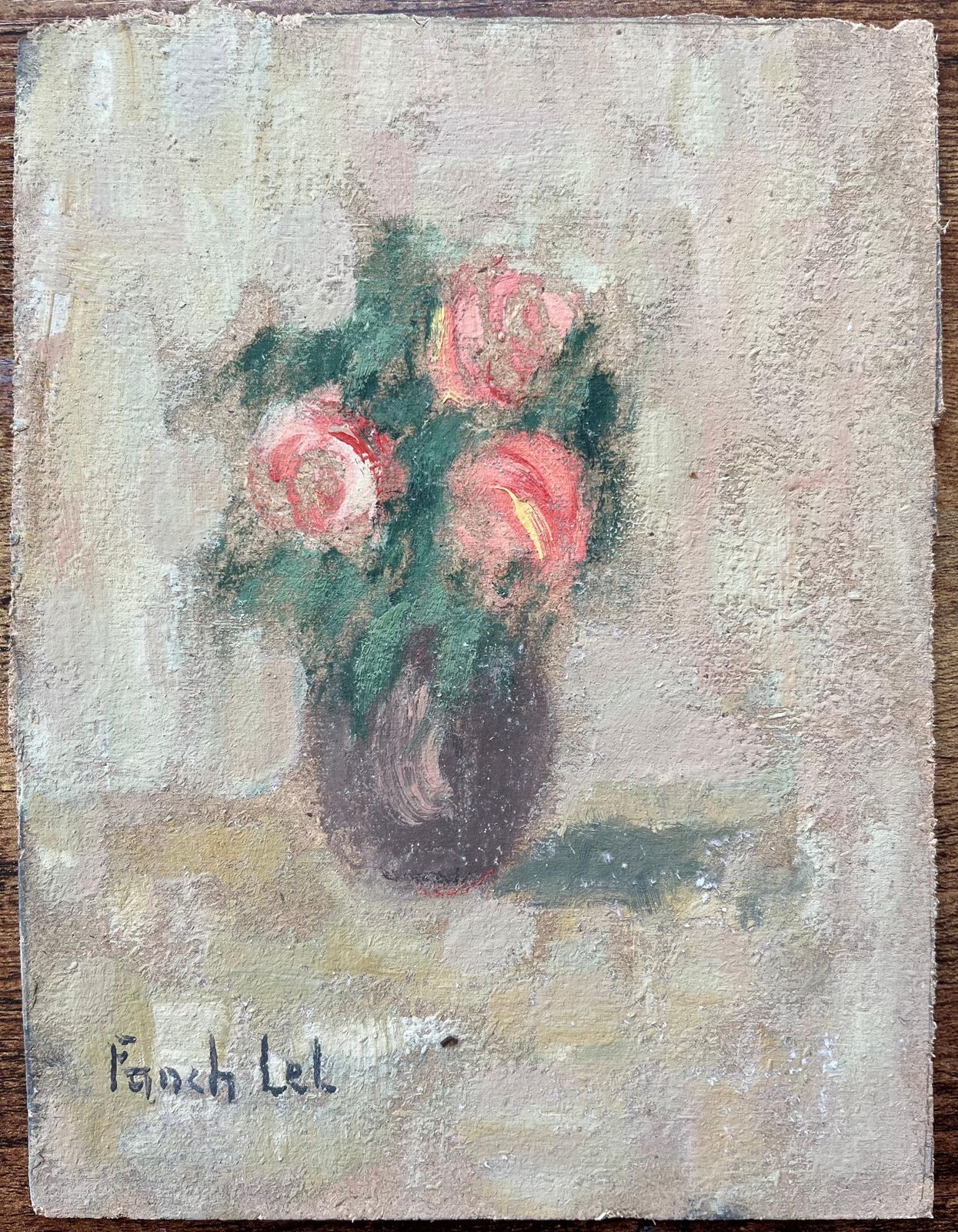 Fanch Lelfrench Impressionist Oil Painting Of Still Life Of Pink Roses In A Vase photo furniture
